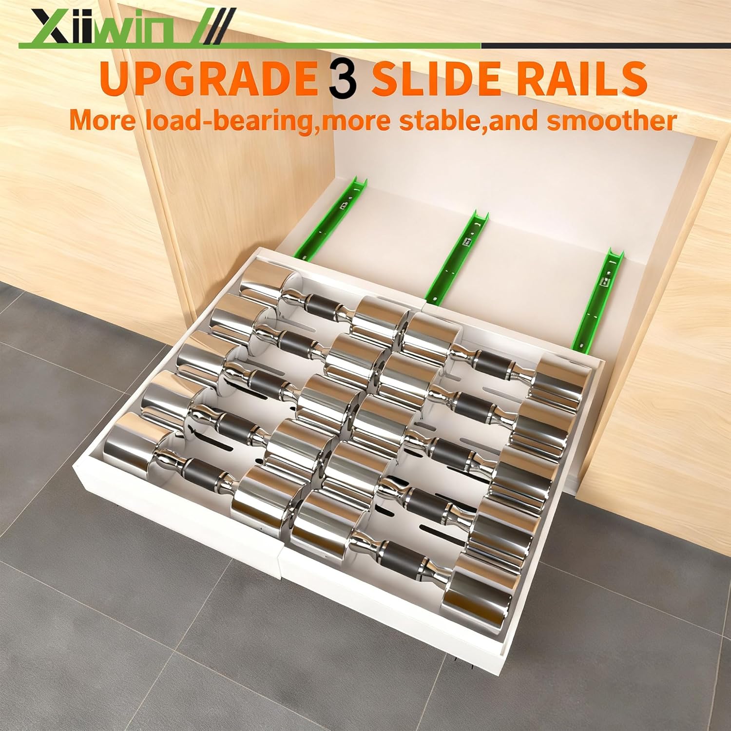 Pull out Cabinet Organizer 21" Depth (12.6-20.5 inch Width) Slide Roll Out Drawers Expandable Adjustable Shelves for Kitchen Bathroom Pantry Adhesive Nano Film 3 Slide Rails White, 2pcs