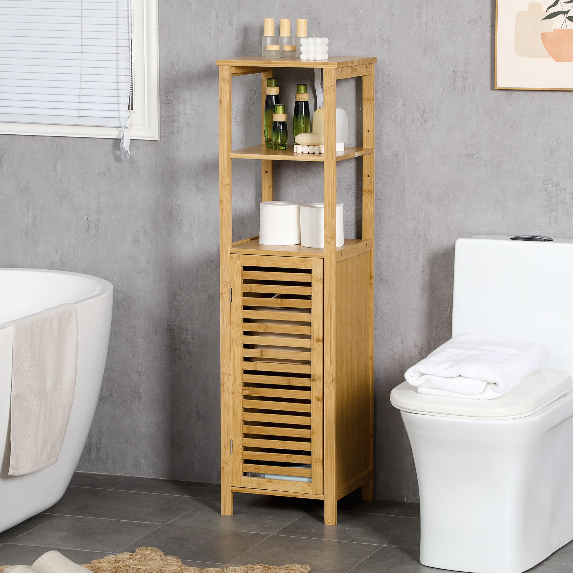 kleankin Badezimmerschrank Badschrank mit Tür 33 x 30 x 120 cm Naturholz