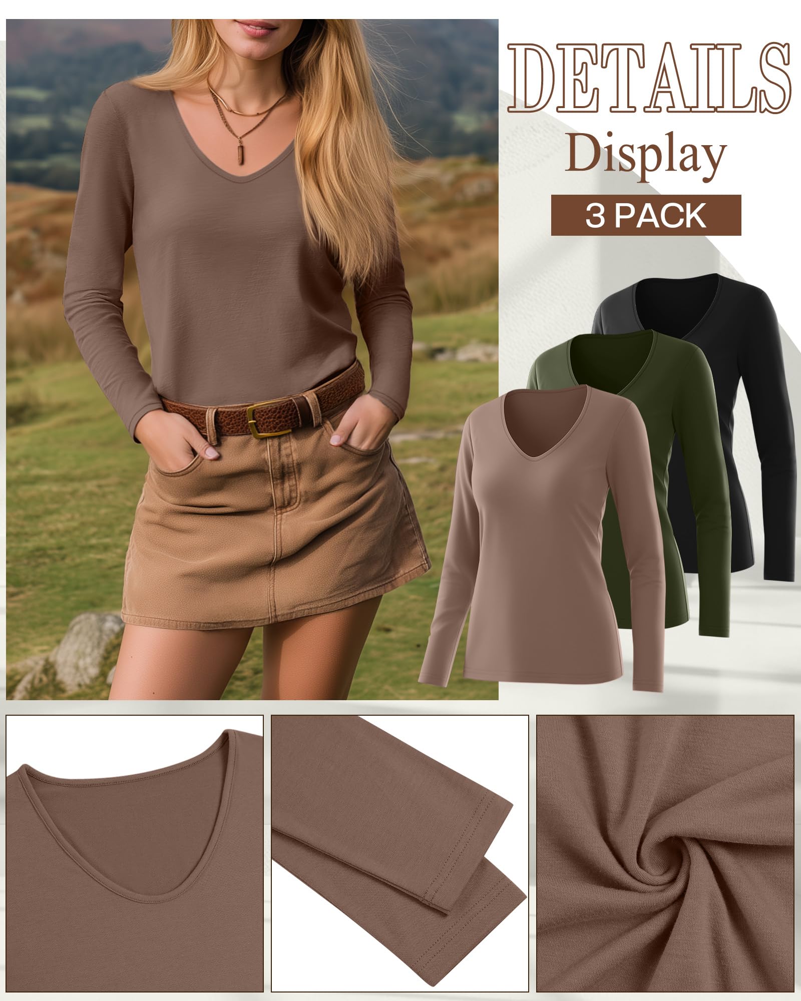 Ficerd Lot de 3 Hauts pour Femme col V Manches Longues | Col V, Manches Longues, Coupe Ample, Tissu Doux, T-shirts Basiques D'automne, Hauts Casual Du Quotidien, Mode Femme Tendance