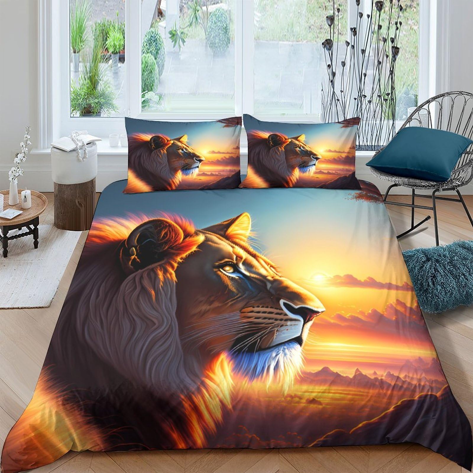 3D Printed Sunset Lion Duvet Cover Microfiber Soft Breathable African Wildlife Bedding Set with 2 Pillowcases for Bedroom Home Decor Single（135x200cm）
