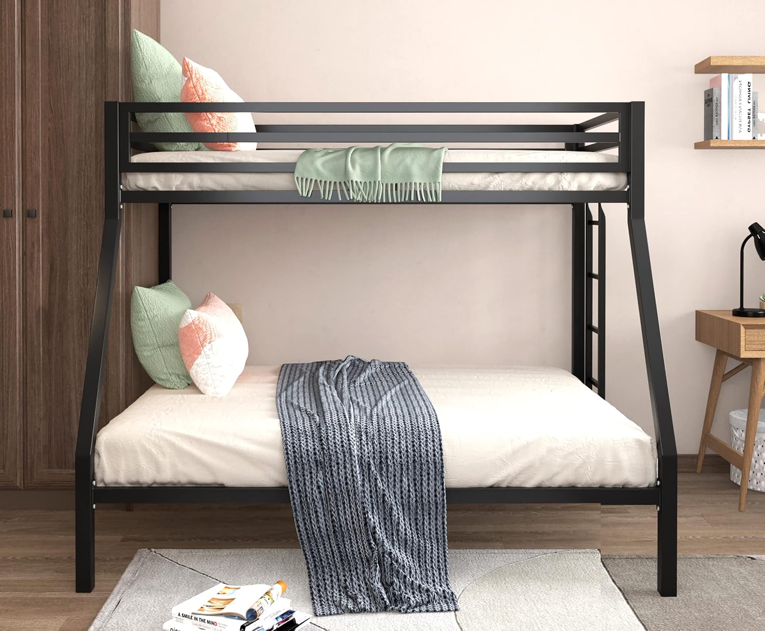 Allewie Metal Twin Over Full Bunk Beds Frame with Flat Ladder & Full-Length Guardrail, for Junior and Adult, Space-Saving, Noise Free, Black