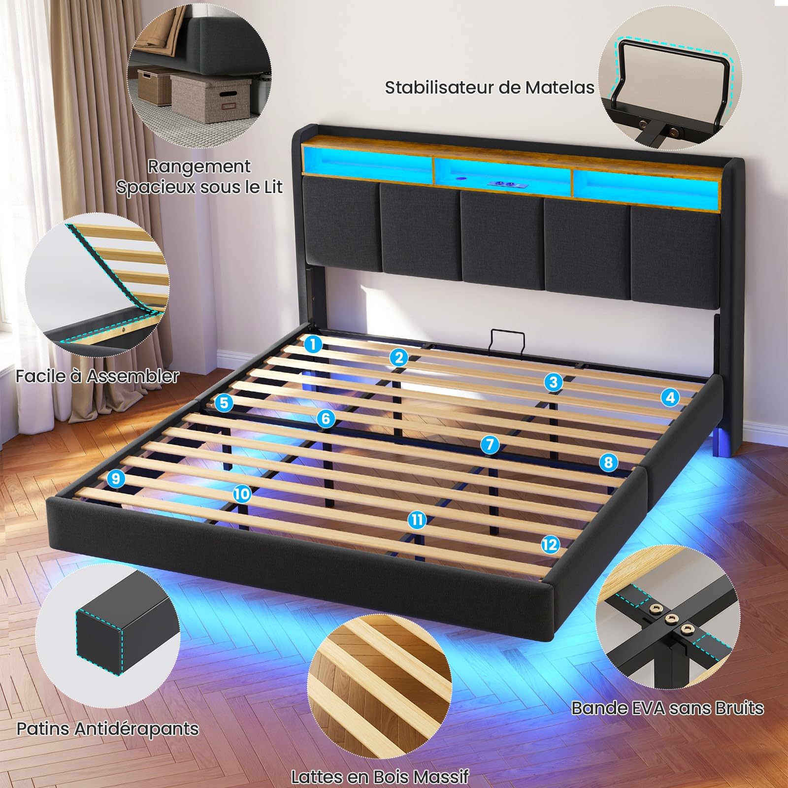 Brinlawb Lit 180x200 avec Sommier, Cadre de lit 180x200cm avec Éclairage LED et 2 Prises CA & 2 Ports USB, Tête de lit Rembourrée avec Rangement, Structure Stable, Effet Flottant, Tissu en Lin, Gris
