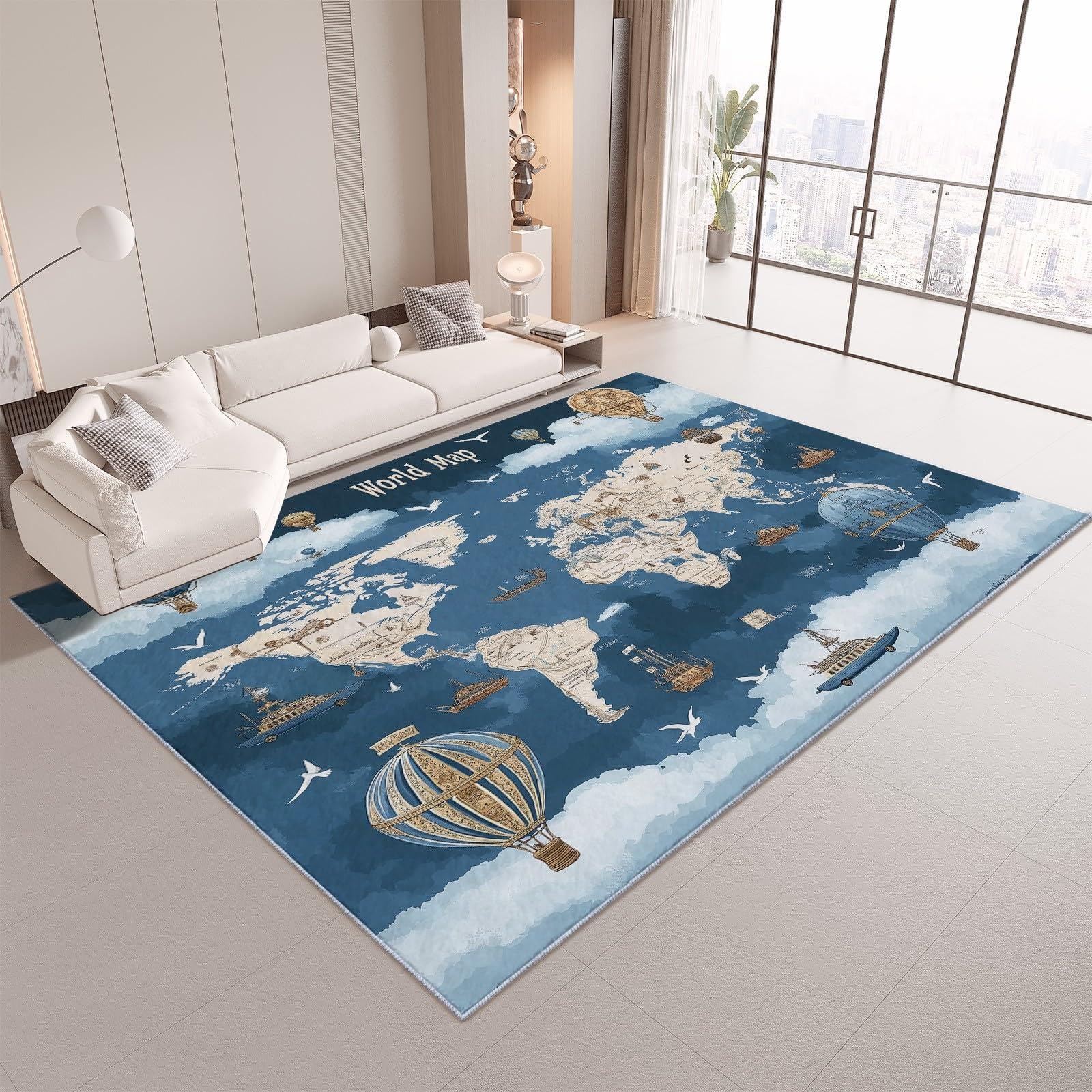 Tappeto per bambini con mappa del mondo blu, mongolfiera, tappeto per soggiorno, camera da letto, lavabile, antiscivolo, per camera dei bambini, cameretta dei bambini, tappeto da gioco, 120 x