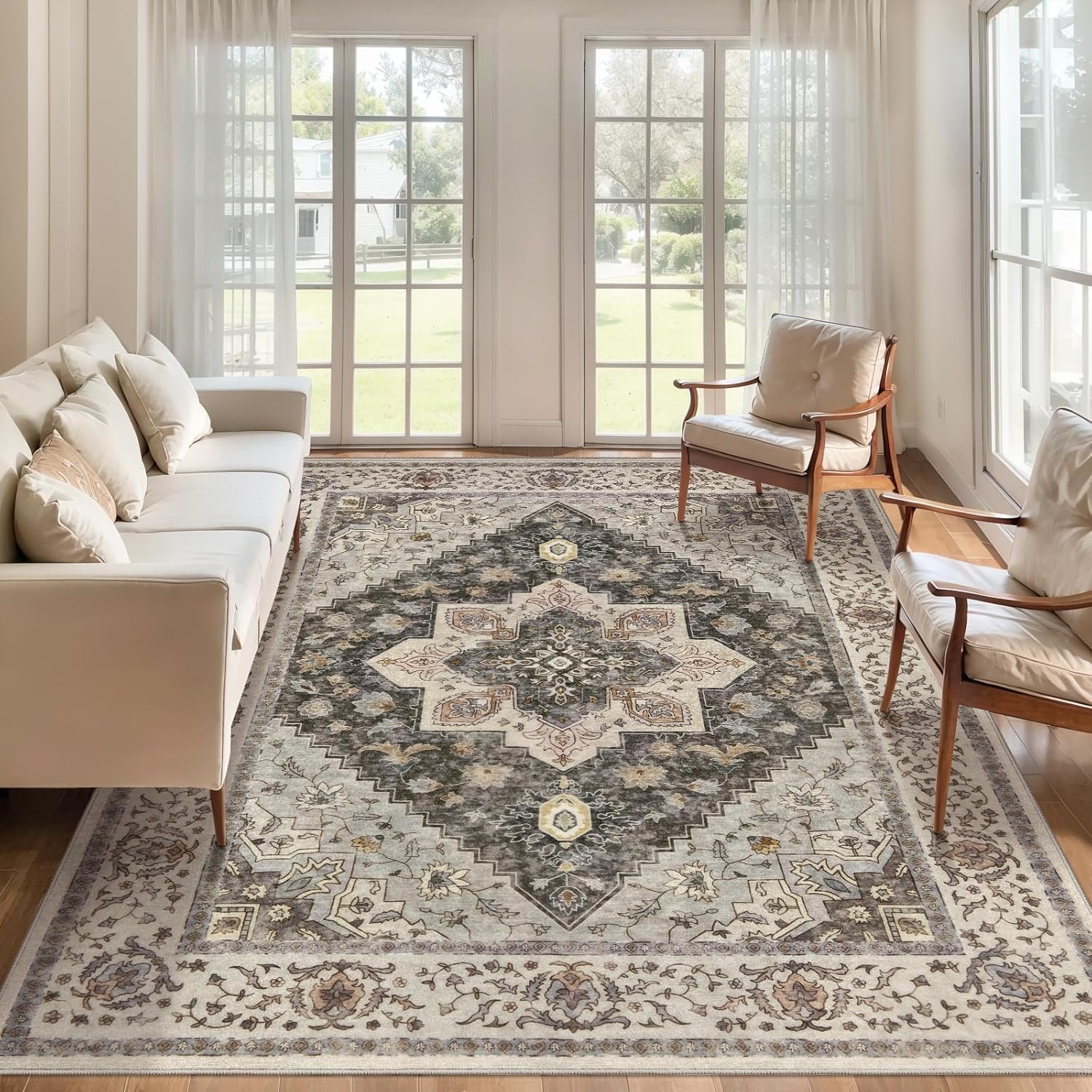 Tapis de décoration de salon gris et marron au style shabby chic raffiné