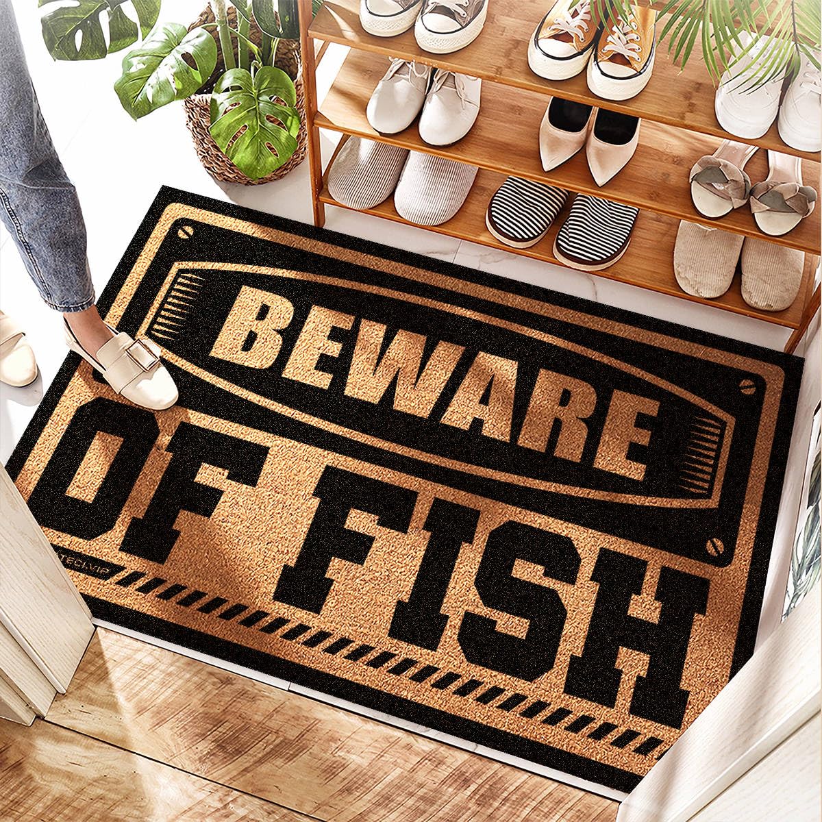 Paillasson fibre de coco personnalisé Welcome Beware Of Fish extérieur