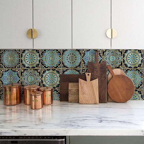 Vista 2 de Lukery Azulejo de despegar y pegar, impermeable, para cocina, mandala, azulejos autoadhesivos, azulejos de PVC, azulejos de pared, azulejos