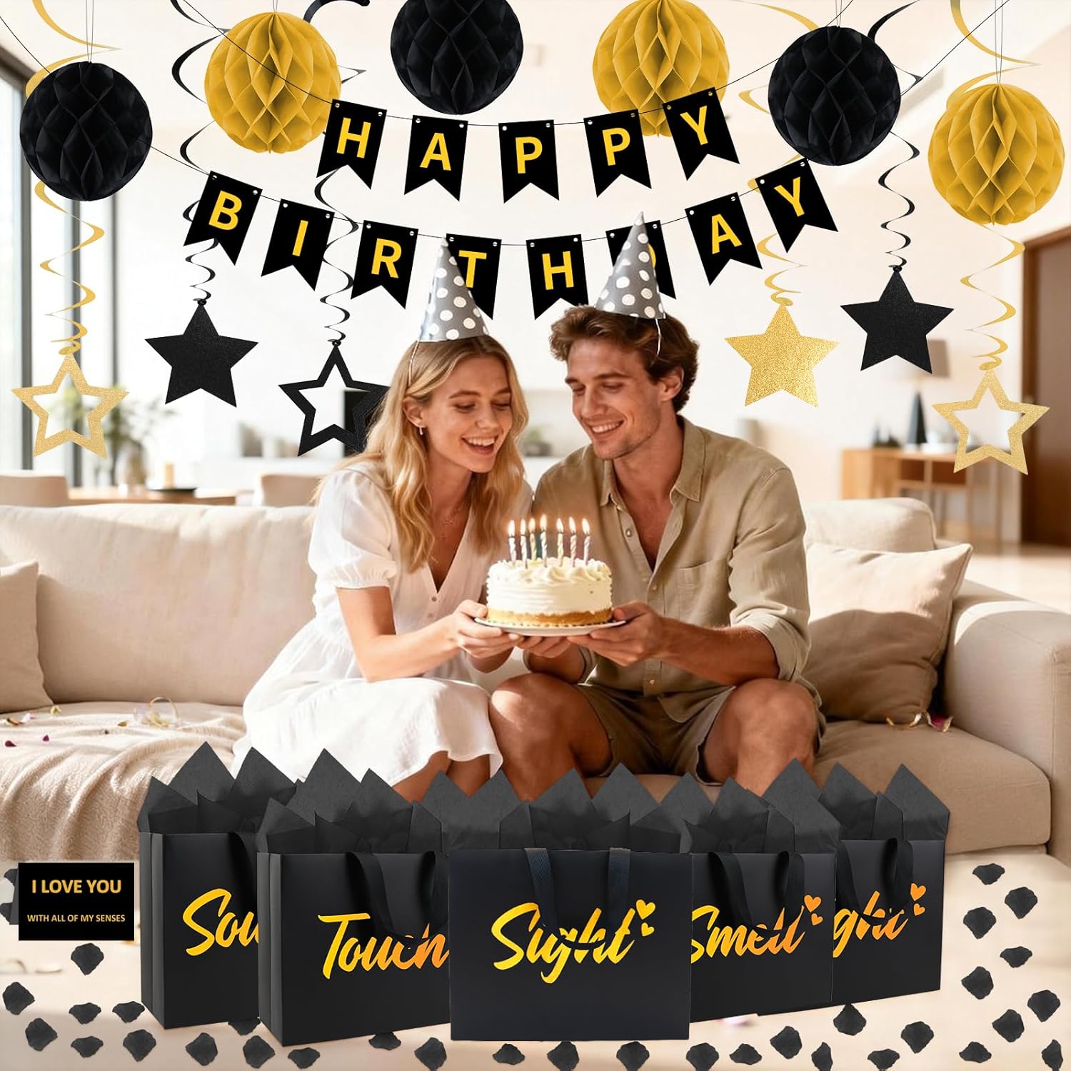 LARDUX 5 Senses Gift Bags for Him With Labels, Five Senses Gift Bags with Tissue Paper, Rose Petals and Happy Birthday Banner, Stars Hanging Swirl for Birthday Party Decorations( Black Gold) - Image 3