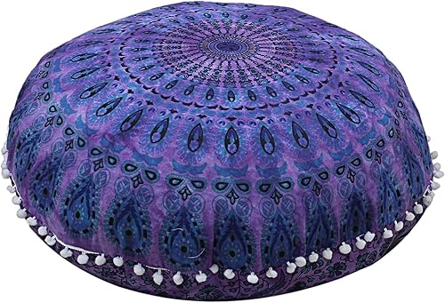 Miniatura 4 de Funda para cojín de mandala, estilo decorativo hippie, bohemio, puf otomano, indio, con pompones, fundas de almohada