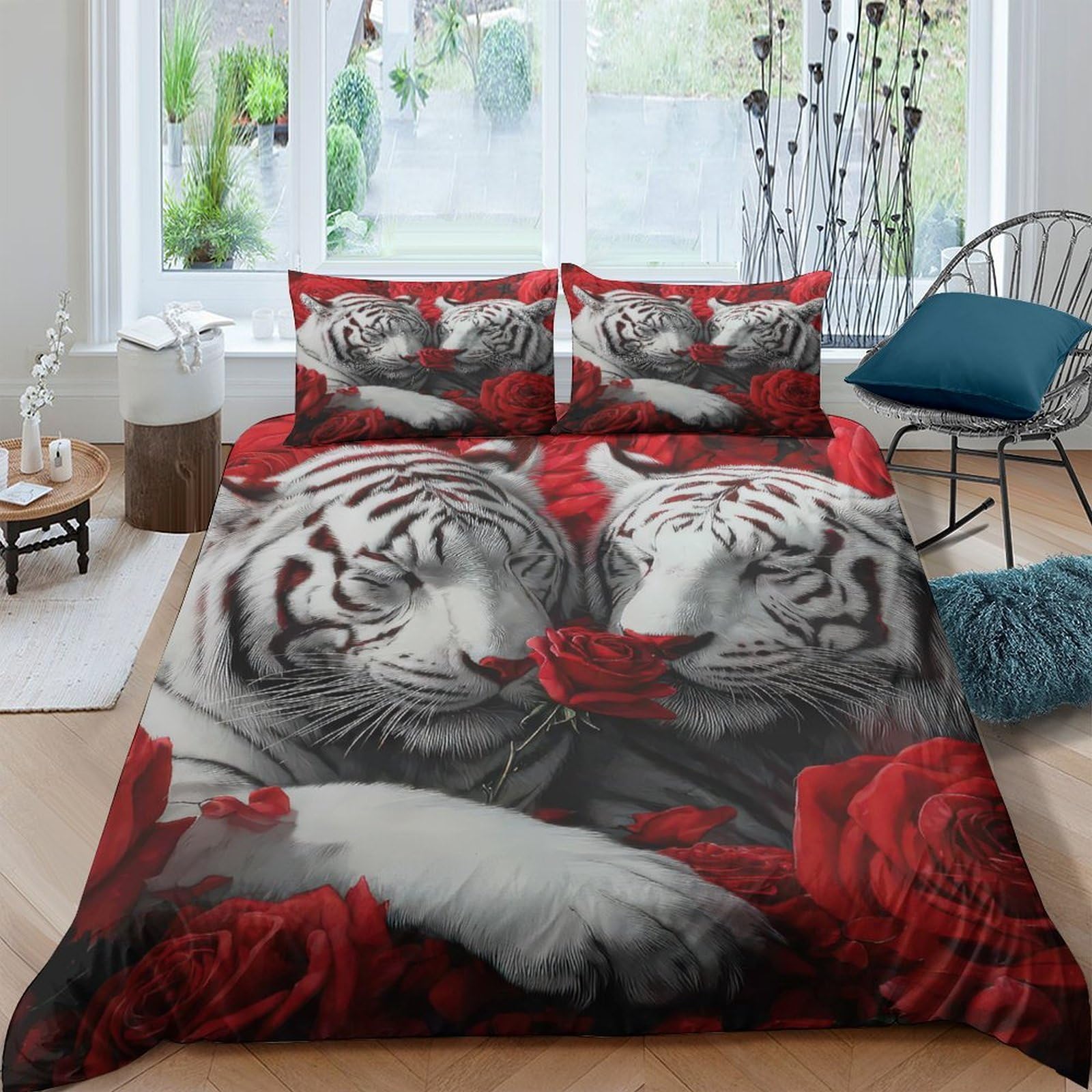 GPLZQXKJNH 3D Printed White Tiger Rose Duvet Cover Set Microfiber Breathable Bedding Set with 2 Pillowcases, Bedroom Decor, Single（135x200cm）
