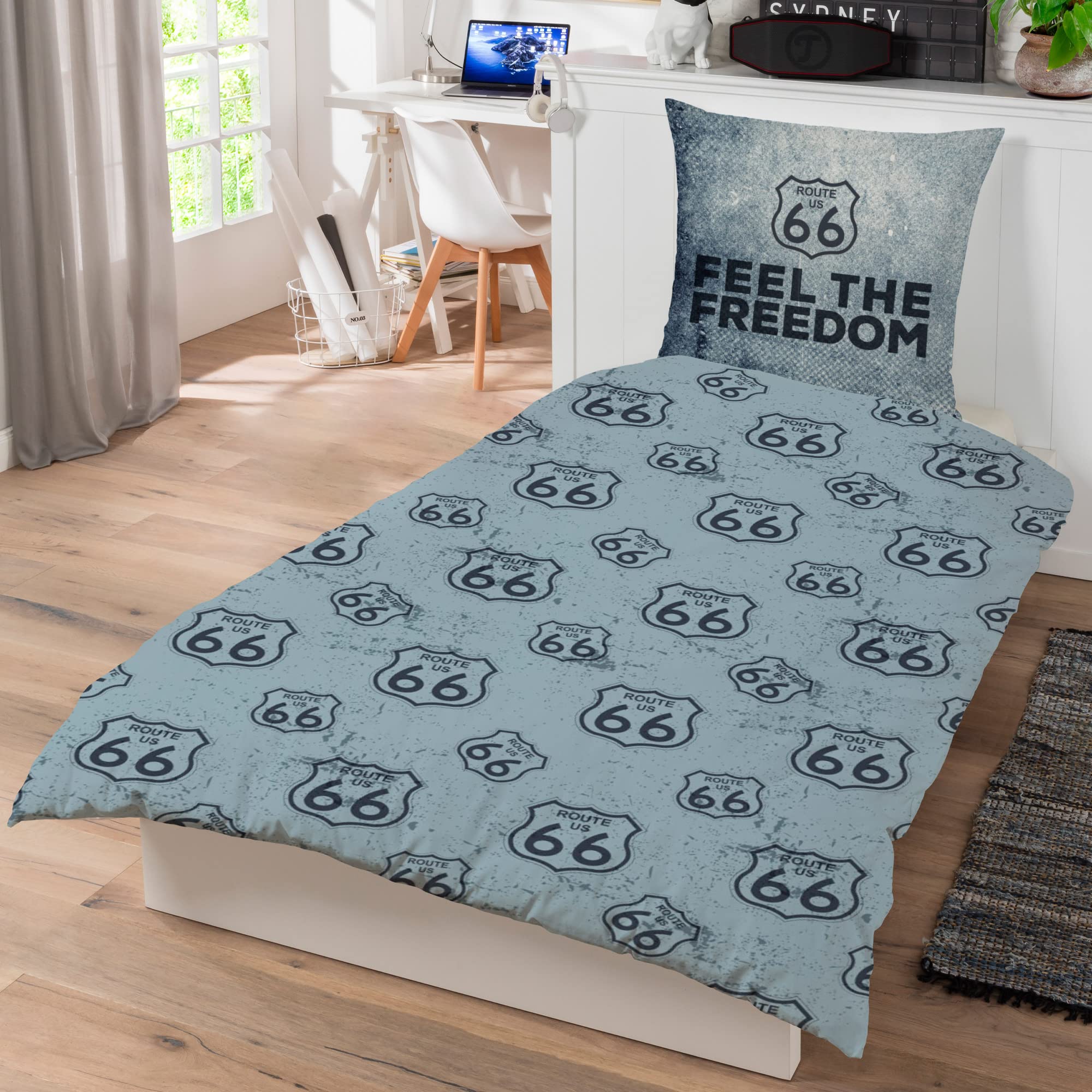 Beronage Set Biancheria Da Letto Route 66 - 100% Cotone Renforcé - Copripiumino 135x200 + Federa 80x80 - Strada Americana Biker Vintage - 3