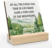 Motivational 'Of All Paths You Take' Mountain Desk Sign - Inspirational Wooden Plaque with Stand for Office Home Shelf Decor