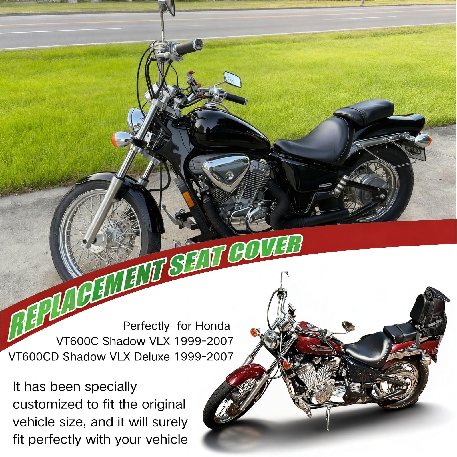 Coprisedile completo avvolgente per Honda VT 600 VT600 C/CD Shadow VLX Deluxe 1988 – 2008 / Pelle Premium / Impermeabile / antimacchia (nero)