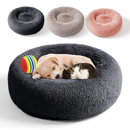 AthenaBedding Cozy Dog & Cat Bed Original Calming Donut Cuddler Ultra Soft Cushion Fluffy Faux Fur Pet Bed, Machine Washable(23-Inch, Dark Gray)