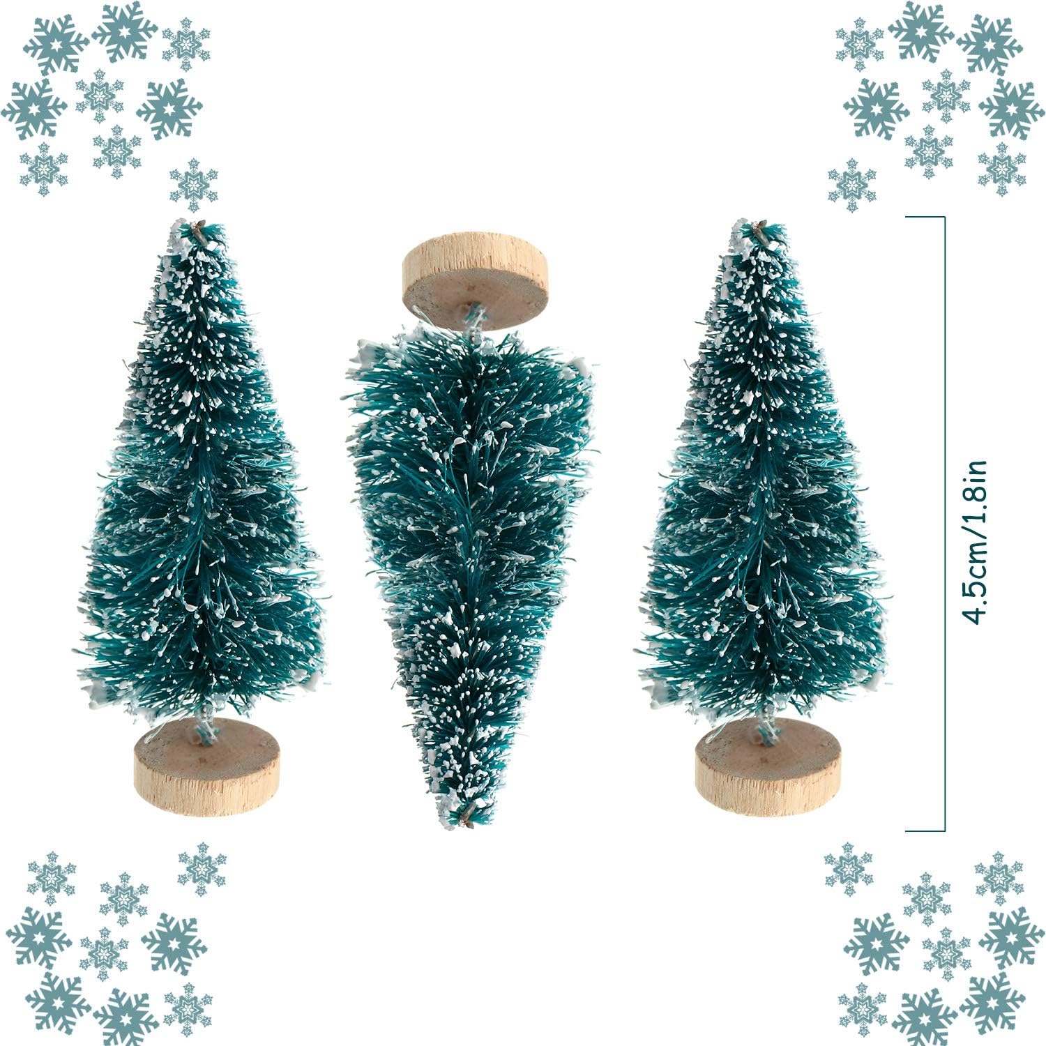 Sumind 48 Pieces Mini Christmas Trees Bottle Brush Trees Plastic Artificial Winter Sisal Mini Pine with Wooden Base Snow Frost Tabletop Tree for Christmas Decoration Gift and Display Blue Green