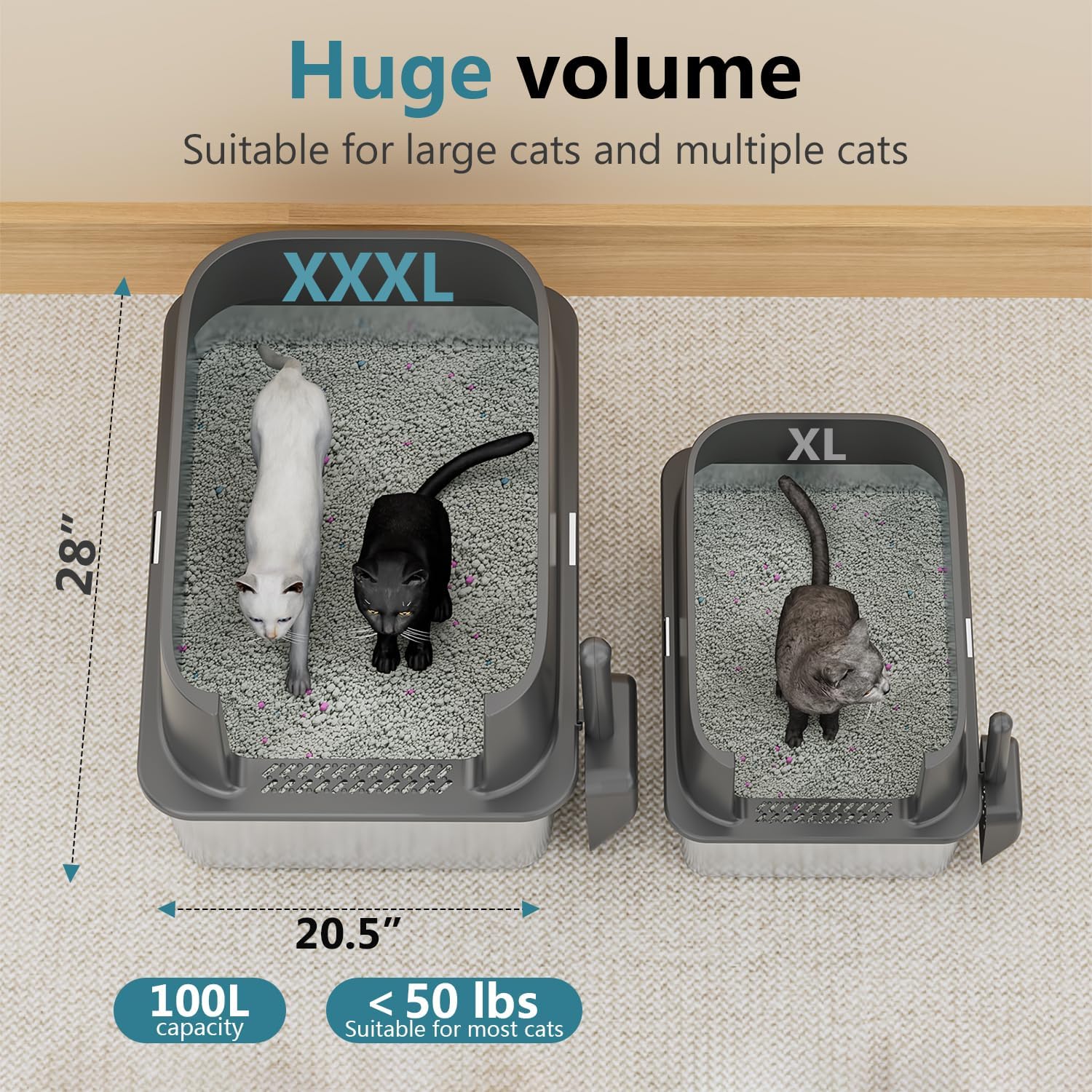 XXXL Jumbo Stainless Steel Litter Box with Lid, 26" L x 18" W x 17" H Extra Large Stainless Steel Litter Box, 400 Count Cat Poop Bags + Cat Litter Mat,Non-Sticky, Anti-Leakage, Easy to Clean dark gray