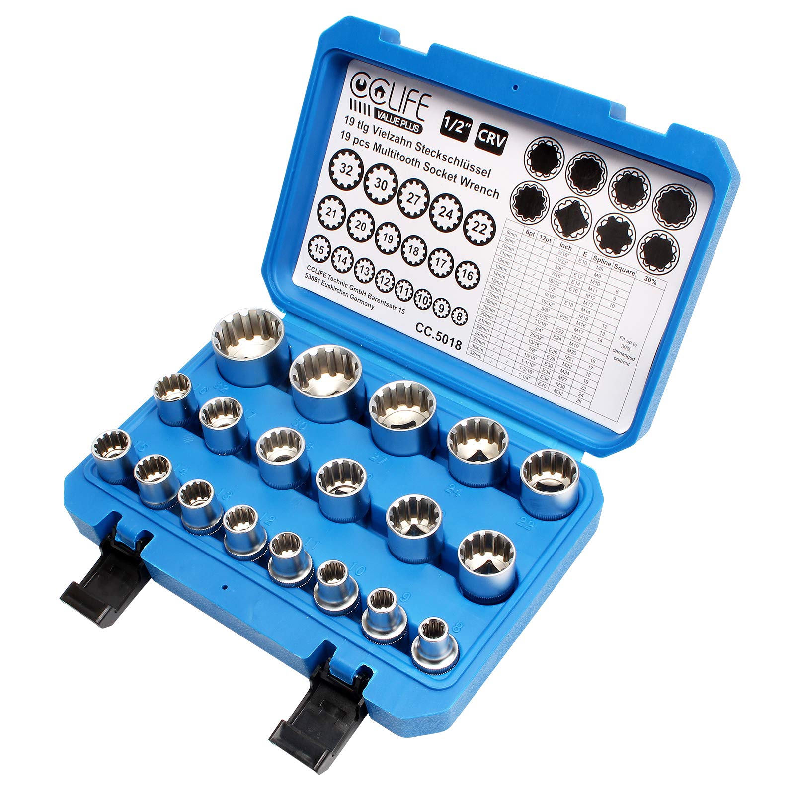 CCLIFE 19 Pezzi profilo E10-E40 kit bussole poligonali torx bussola esagonali 1/2' 8-32mm CRV bussole Chiavi a Bussola Femmina 12 denti