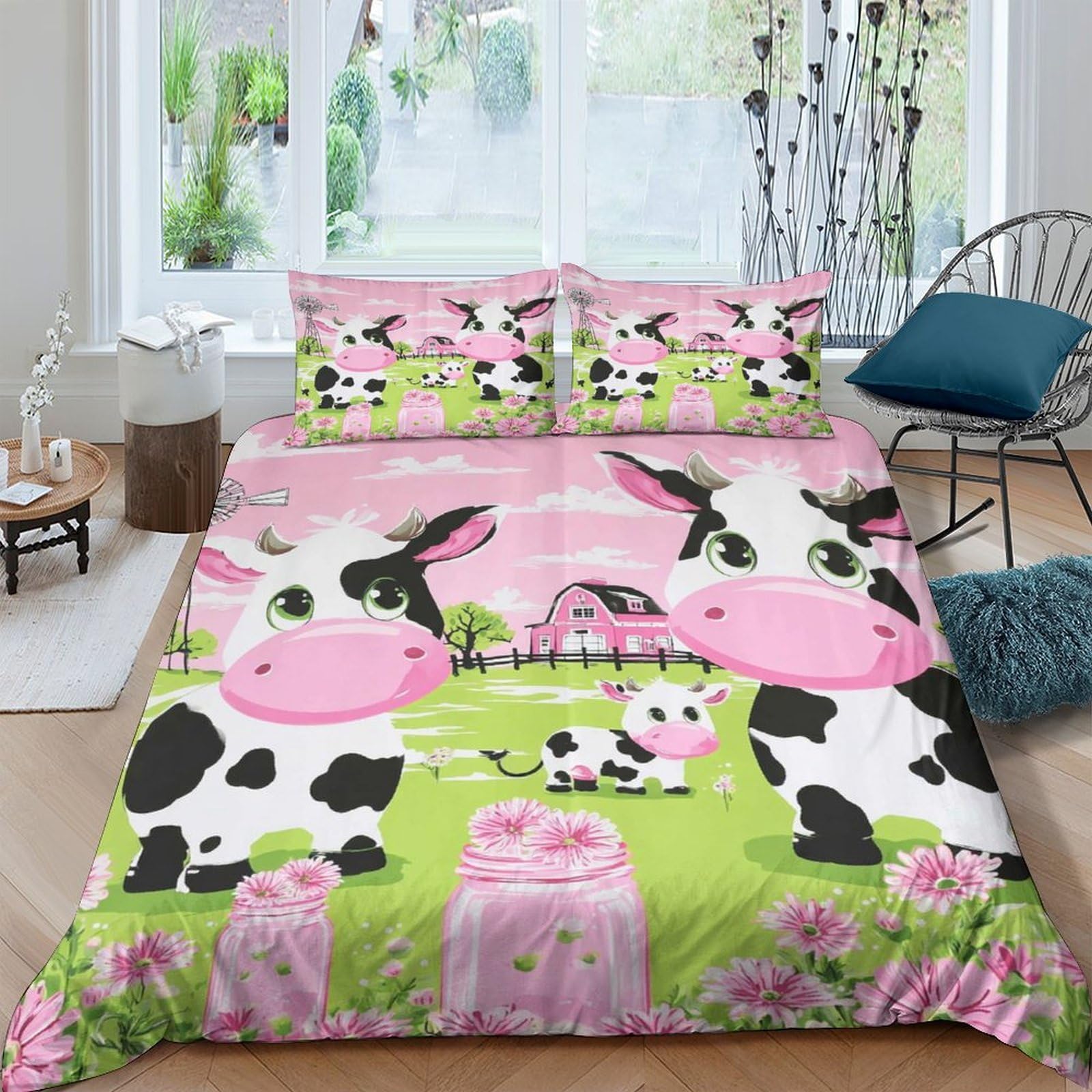 XFKLYNVCJ 3D Printed Cow cartoon Comforter Cover Brushed Microfiber Farm animal style Bedding Cover Hypoallergenic Shrink Resistant Breathable Lightweight for All Season Use Single（140x200cm）