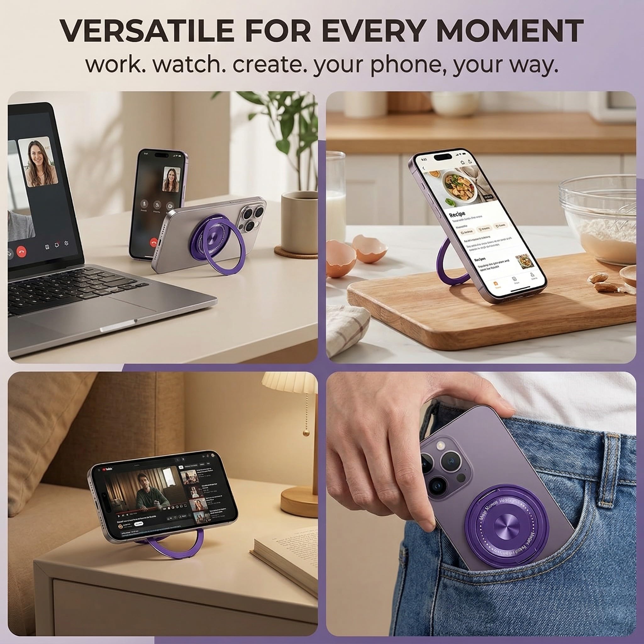 IEBTAWN LYITZW 1 Anello Cellulare Universale,Supporto Telefono Rotazione 360°,Impugnatura Sicura per Mani Libere,Angolo Regolabile per Visione Desktop,Videochiamate e Apprendimento Online, Viola