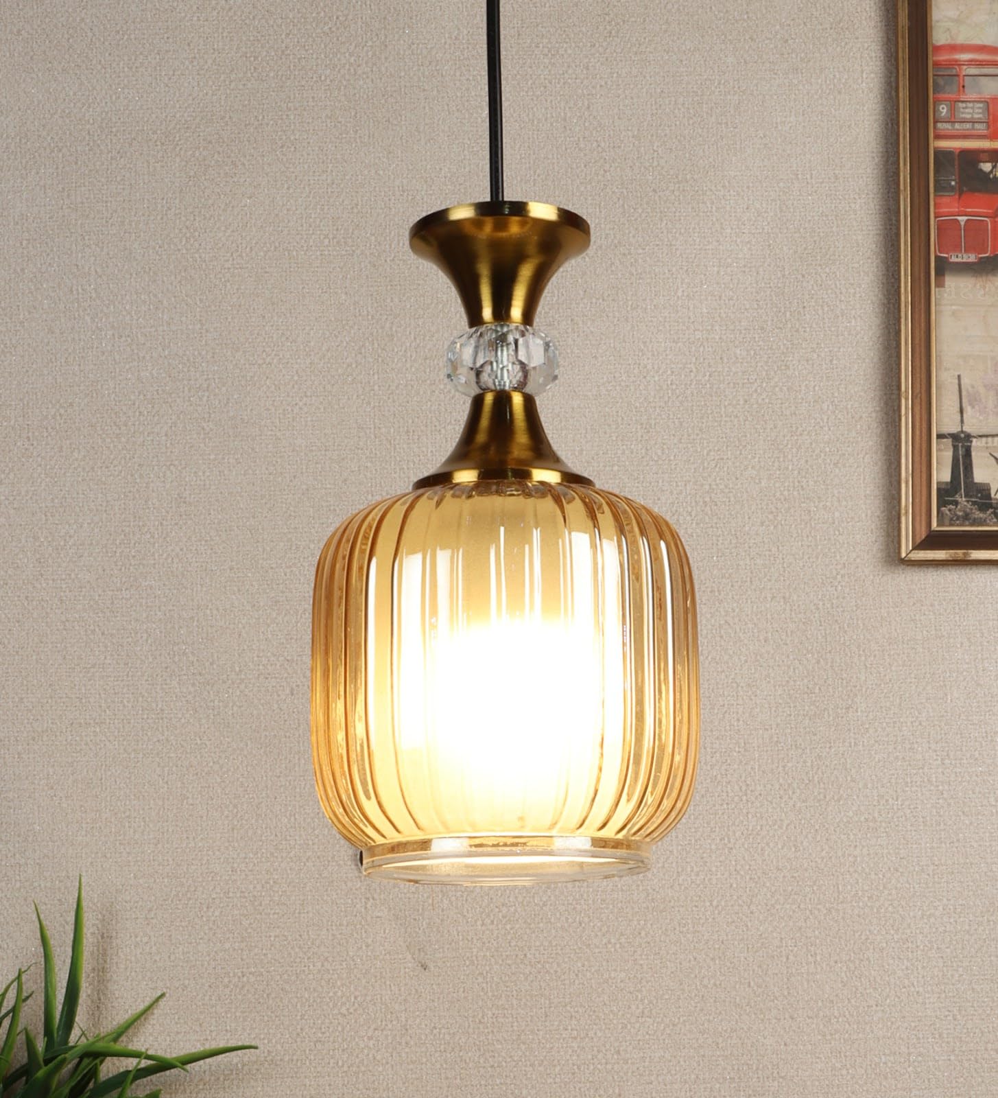 ELIANTE Elegant Amber Fluted Glass Hanging Light Modern Iron Pendant Lamp in Gold Finish for Living Room Bedroom Balcony Foyer, E27 Holder, Without Bulb-image-15