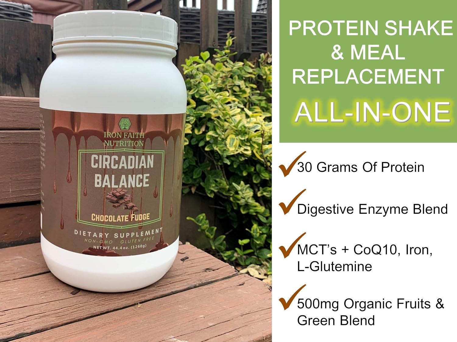 Iron Faith Nutrition Circadian Balance Non-GMO Gluten Free Meal Replacement - Protein Blend 30g - Egg whey Isolate Organic Pea Plus Organic Fruits& Greens Blend Digestive Enzyme Chocolate Fudge
