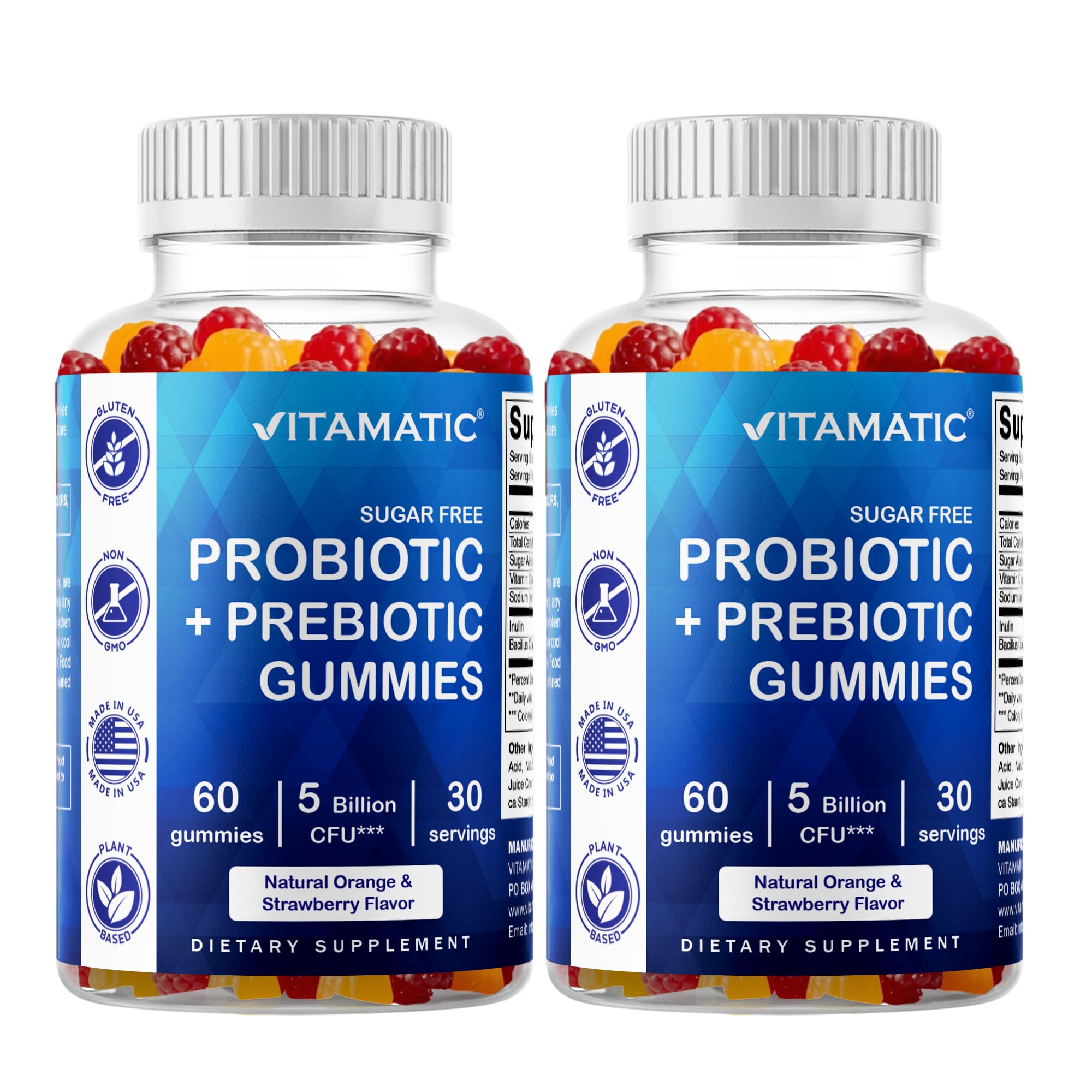 Vitamatic Sugar Free Probiotic Gummies for Men and Women – 5 Billion CFUs - 60Gummies per Bottle | 2 Pack (120 Gummies) Digestive, Immune & Gut Health Support – Gluten Free