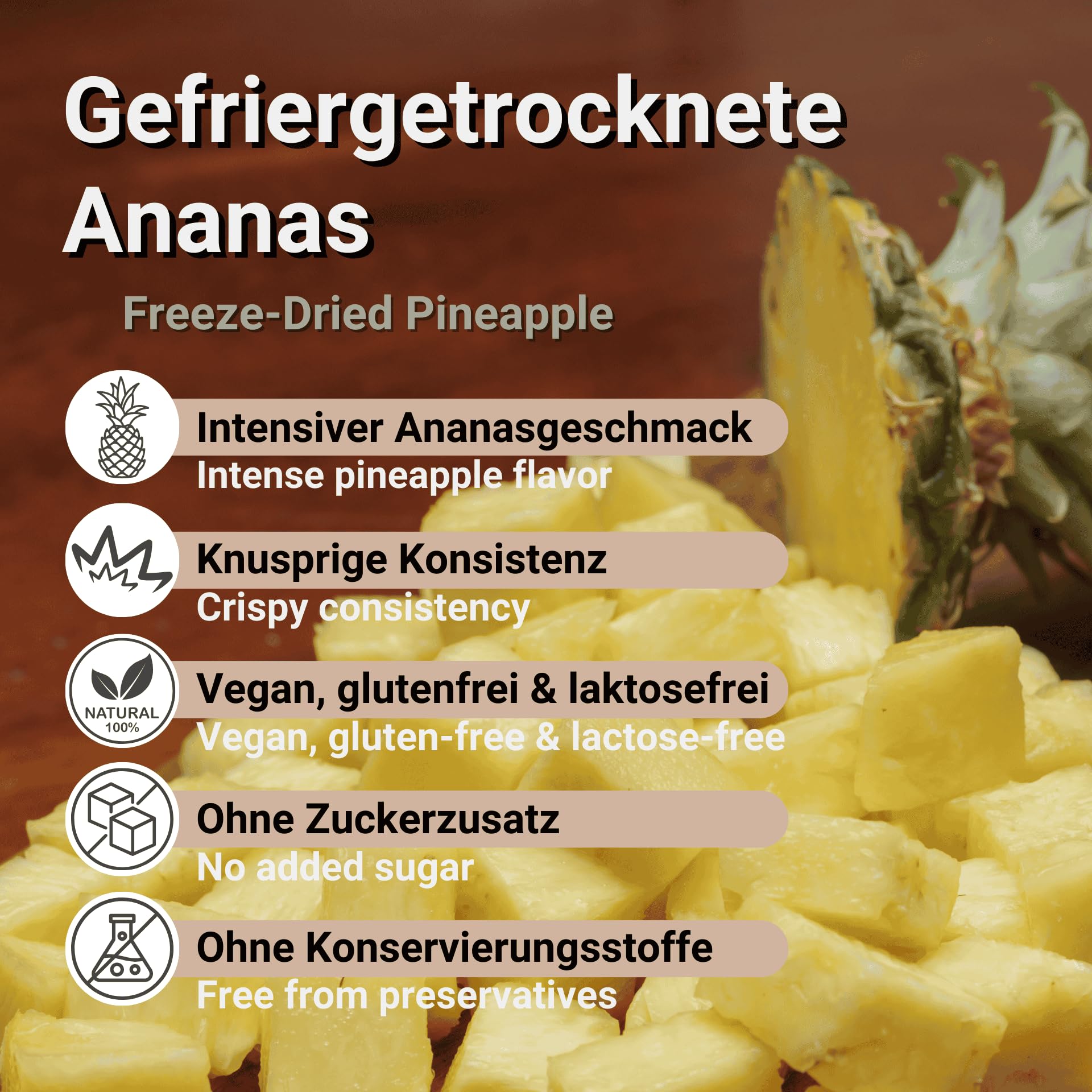 Gefriergetrocknete Ananas Stücke 750g Knuspriger Snack, Ohne Zucker, Vegan