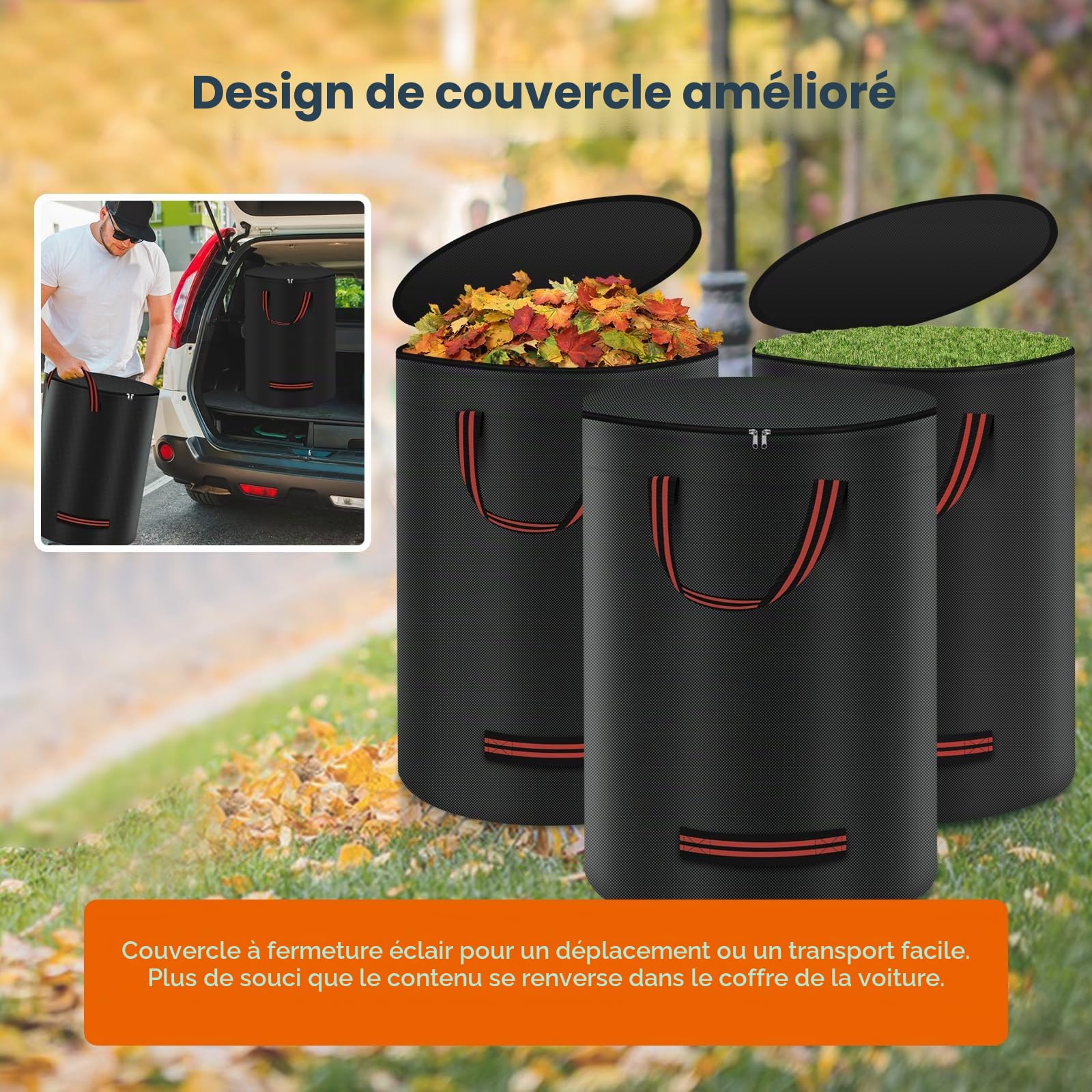 Lot de 3 sacs à déchets de jardin de 272 l - Solides - Avec couvercle - Double fond - Avec gant, sac de jardin - Grands, indéchirables et étanches - Pour déchets de jardin et municipalités