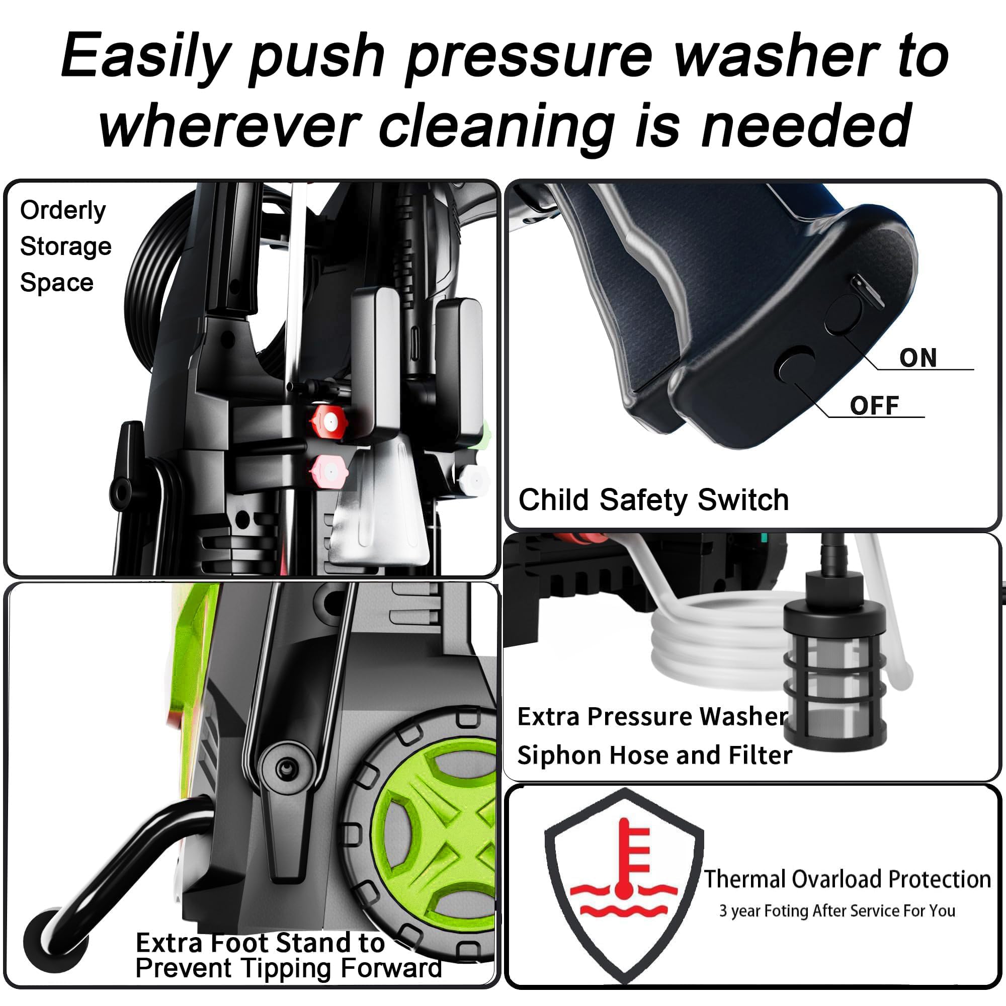2026Upgraded Pressure Washer 4300PSI 2.8GPM with 4 Quick Connect Nozzles, Foam Cannon & Inlet Hose & Filter for Cars/Fences/Driveways/Home Cleaning, Green — view 6