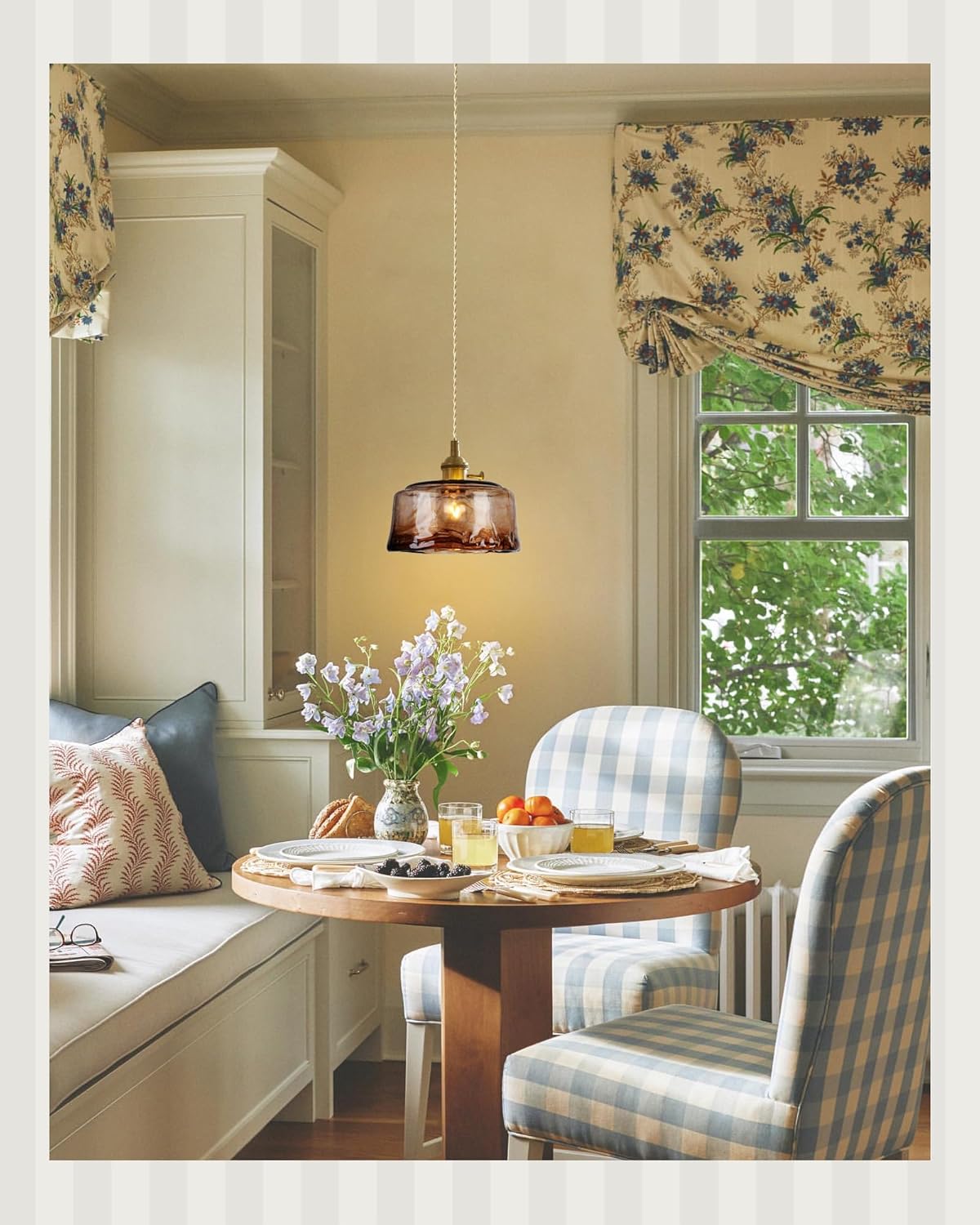 Glass Pendant Lights Kitchen Island Dimmable Mini Pendant Lighting Amber Glass Lampshade for Bedside Dining Room Foyer, Brass