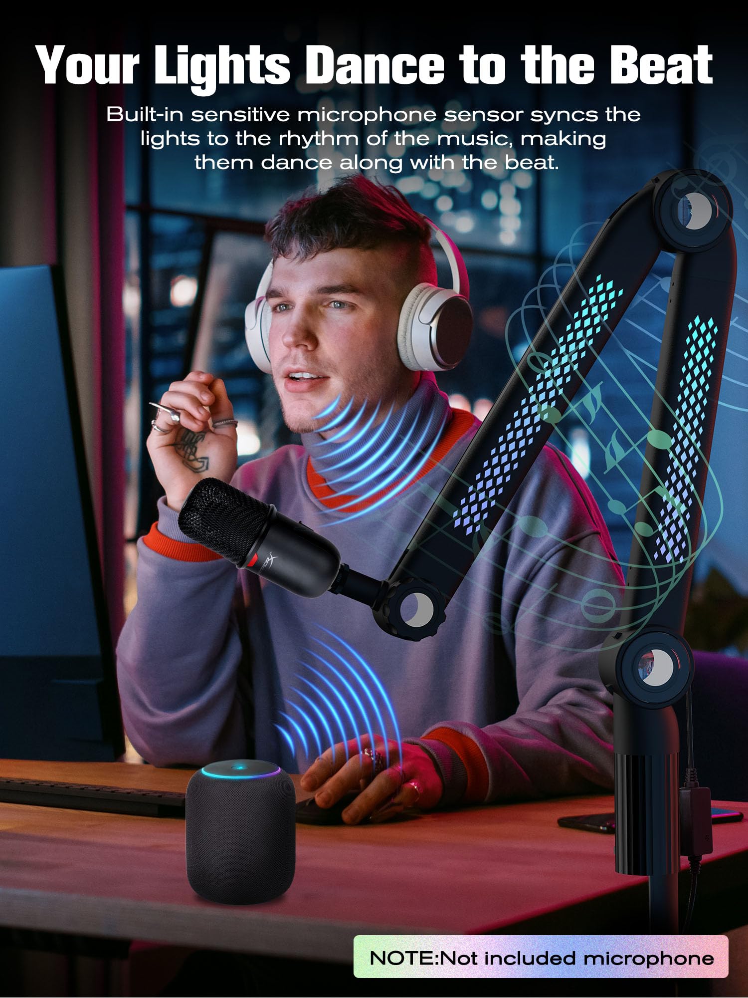 SUNMON RGB Mic Arm – Adjustable Boom Arm with Rhythm RGB Lighting for Blue Yeti, HyperX QuadCast, Rode, Fifine AM8, and More – Perfect for Podcasting, Streaming, and Gaming