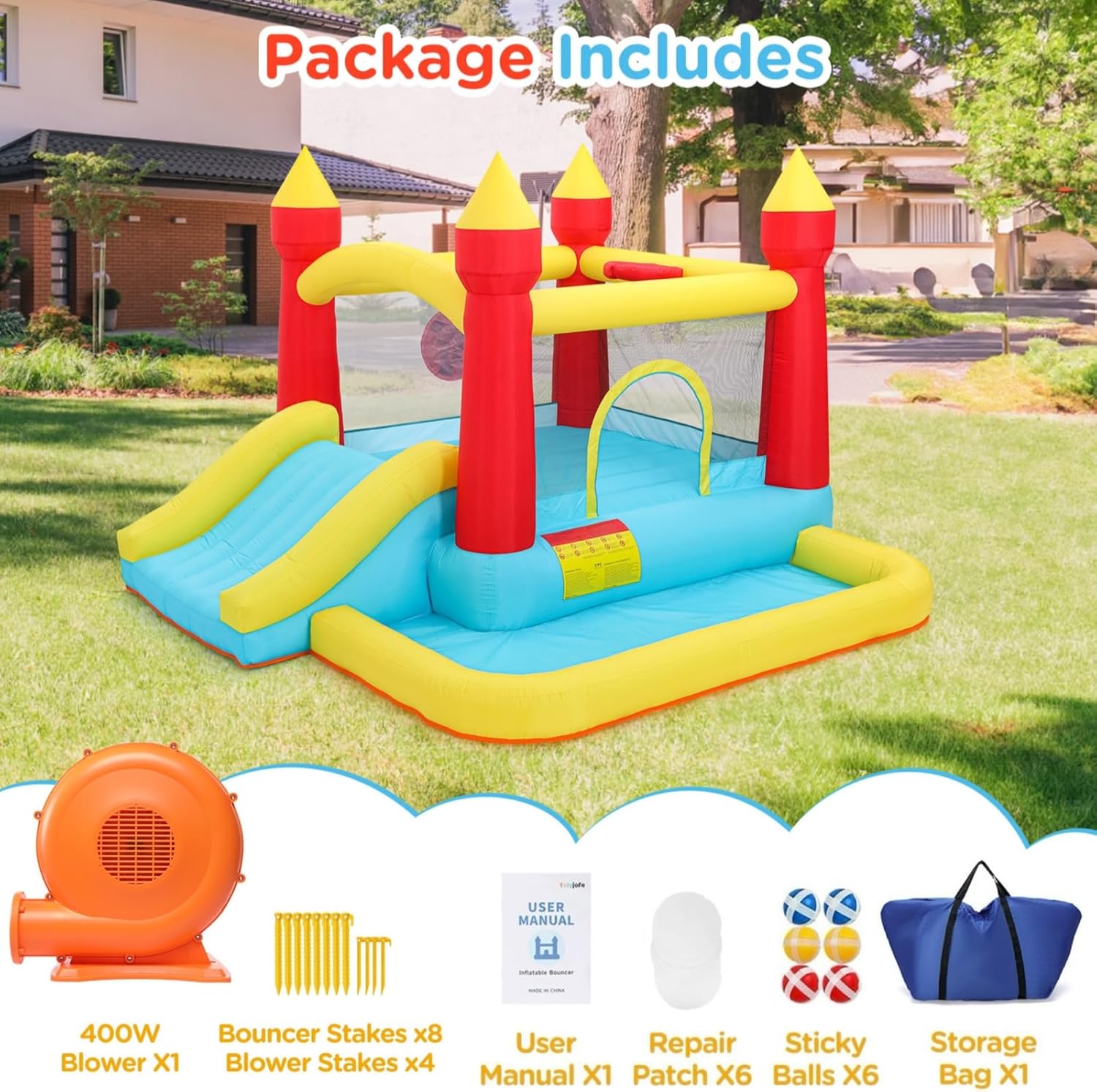 Bounce House with Blower & Slide, (10FT X 10FT X 7FT) Kids Bouncy Castle for Indoor/Outdoor Play, Birthday Parties, Backyard Fun Inflatable Bounce House for Kids 3-6, Jump House for Toddlers