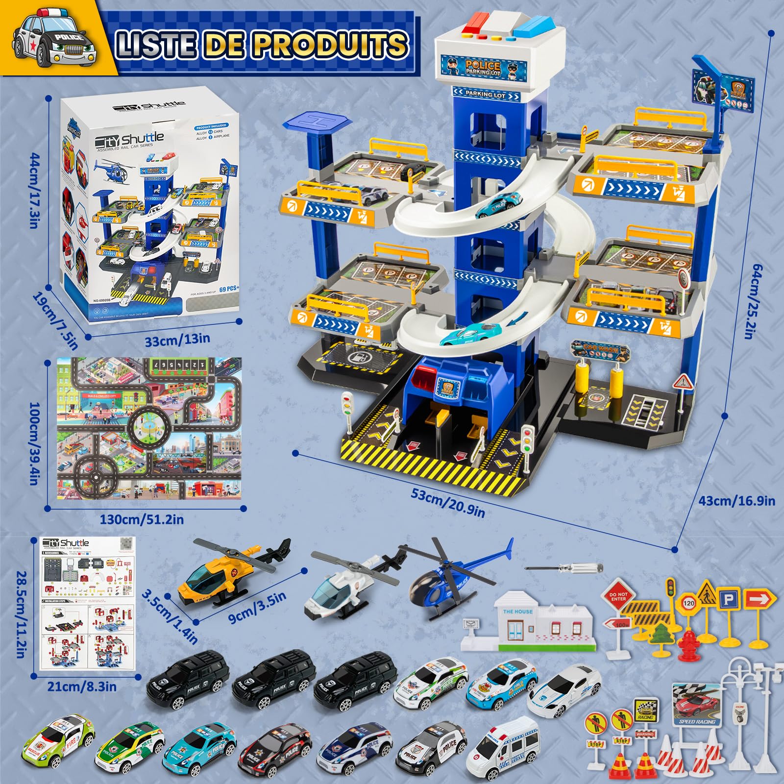 BuzzoXerex 5 Etages Garage pour Enfants, Piste de Course avec 14 Voitures et 2 Hélicoptère, Jouet Garage Voiture avec Ascenseur Electrique Circuit, Cadeaux pour Enfants 5 6 7 8 9 Ans (Police)
