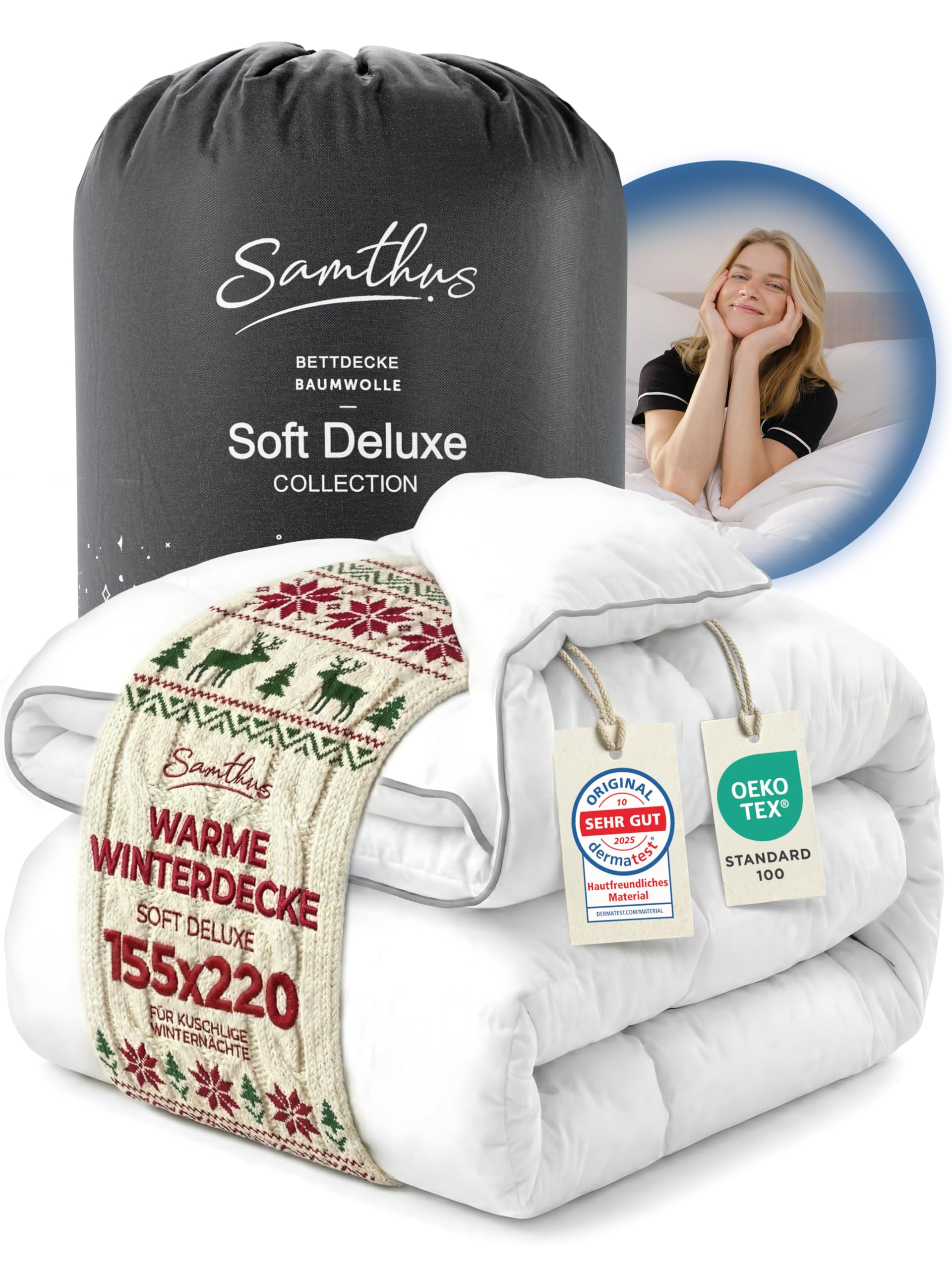 Samthus Premium Winterdecke 155x220cm - Oeko-Tex und Dermatest zertifizierte Bettdecke- kuschelige Schlafdecke Zudecke mit Aussenhülle aus 100% Baumwolle - warme Steppdecke - Winter Blanket Duvet