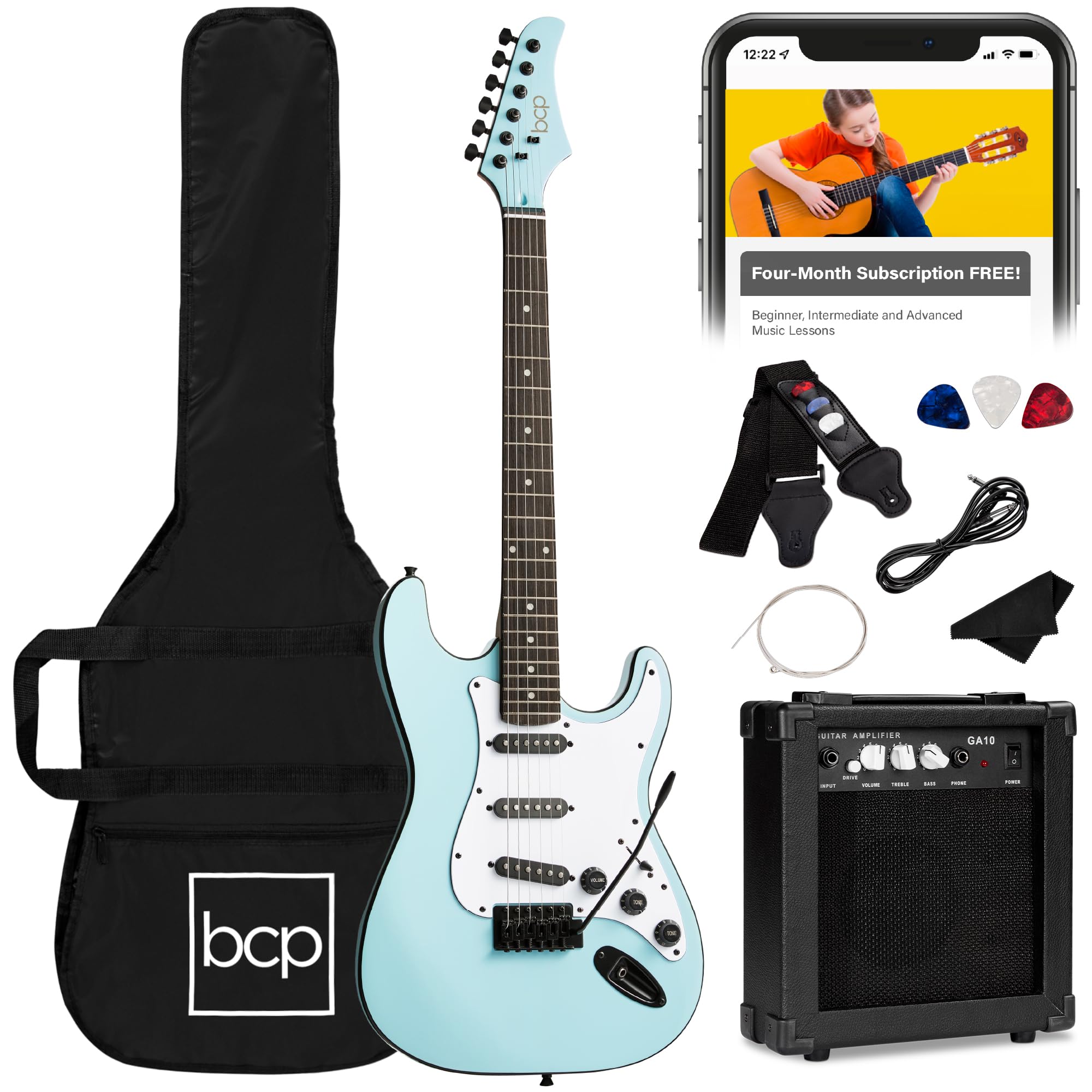 Best Choice Products 39in Full Size Beginner Electric Guitar Starter Kit w/Case, Strap, 11W Amp, Strings, Pick, Tremolo Bar - Powder Blue