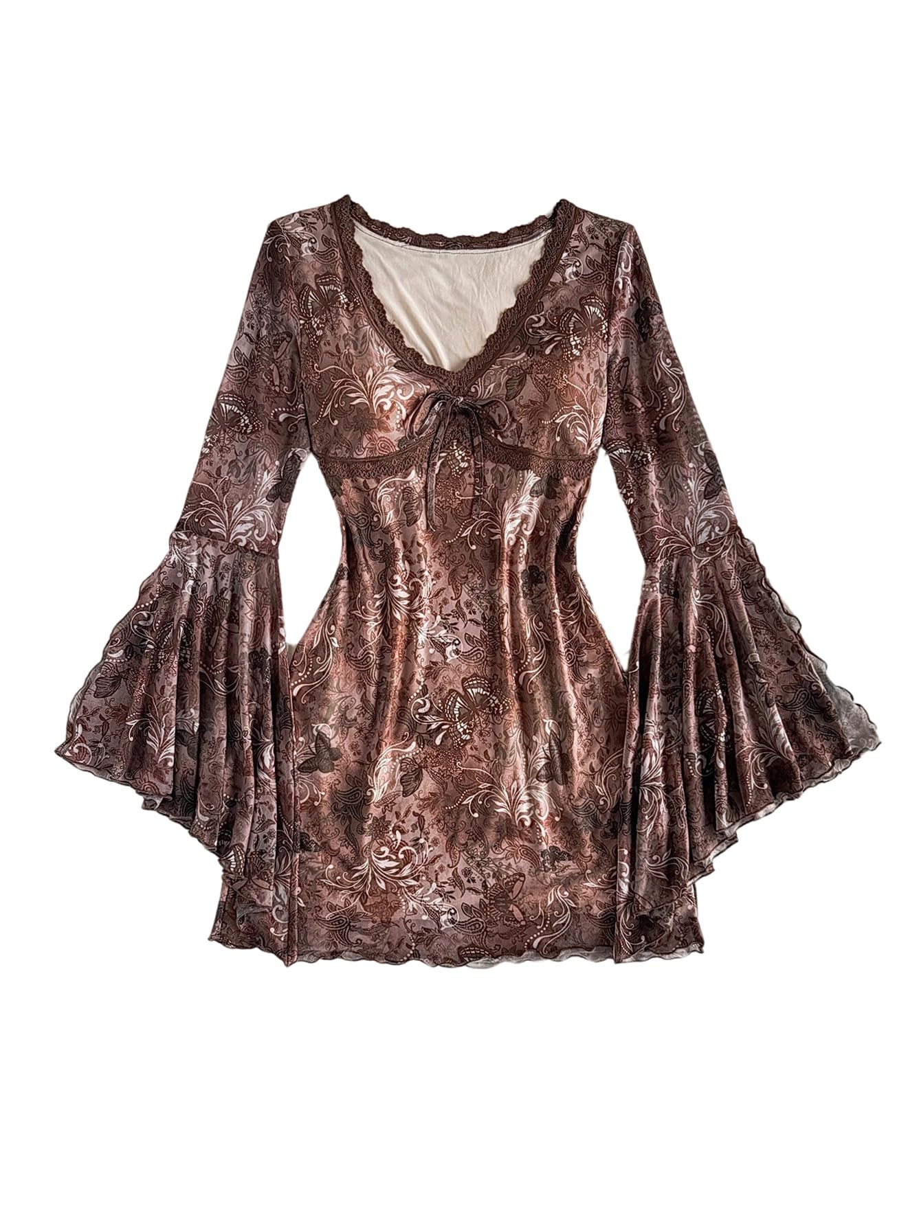 Floerns Women's Boho Western Mini Dress Floral Country Mesh Bell Sleeve Vintage Dresses