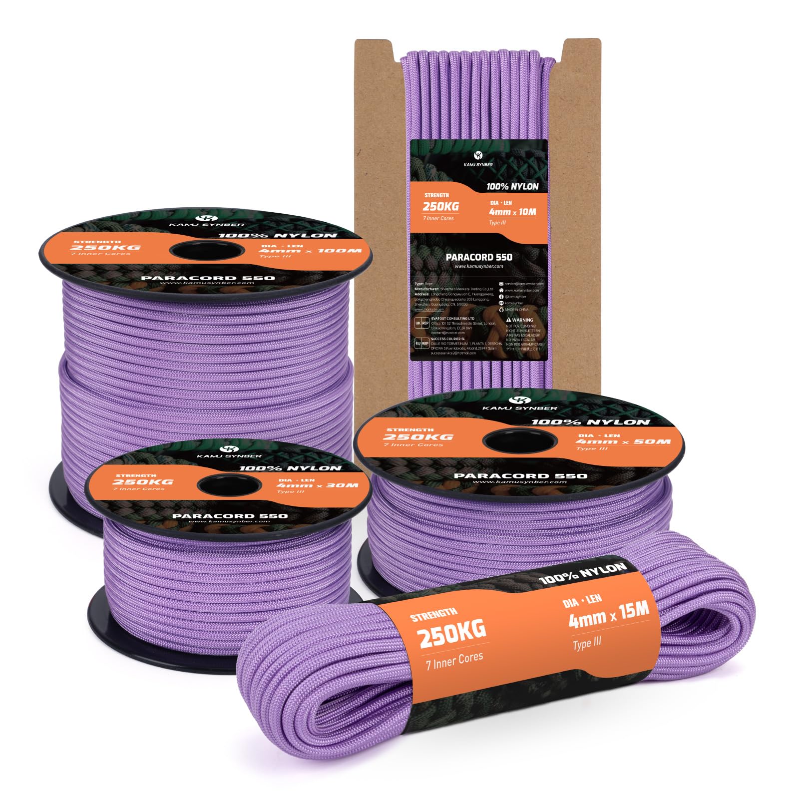 Kamu Synber 550 Paracord 4mm 15m Type III 7 Strands 100% Nylon Rope Parachute Cord Ideal for Crafting, DIY, Camping, Survival, Outdoor | Support 250kg | Lilac