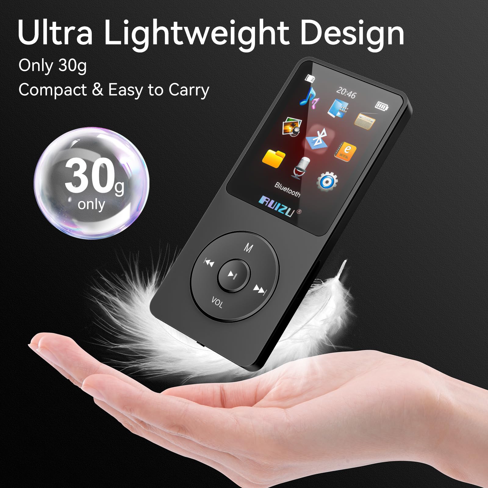 RUIZU Lettore MP3 64GB Bluetooth 5.3 Portatile con Tasti Fisici | Solo 30g, display da 1,8", fino a 80 ore di riproduzione, memoria espandibile MicroSD fino a 128GB.