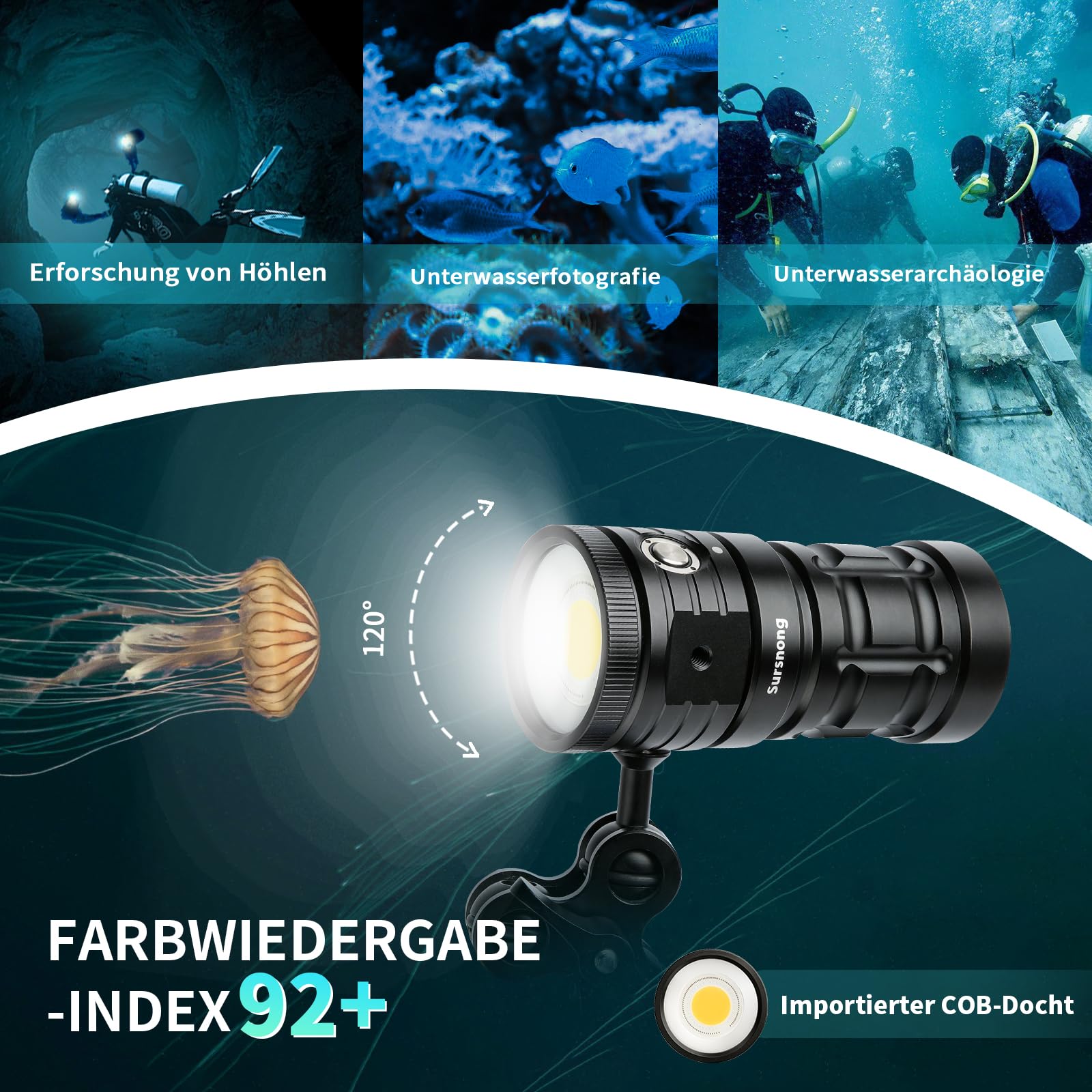 SE 8500 Lumens Tauchlampe - Professionelle Unterwasser-Videoleuchte mit 92 CRI, 5200K Weißes Licht, USB-C Aufladbar, für Tauchen/Unterwasserfotografie (IP68 Wasserdicht, 100m Tiefe)