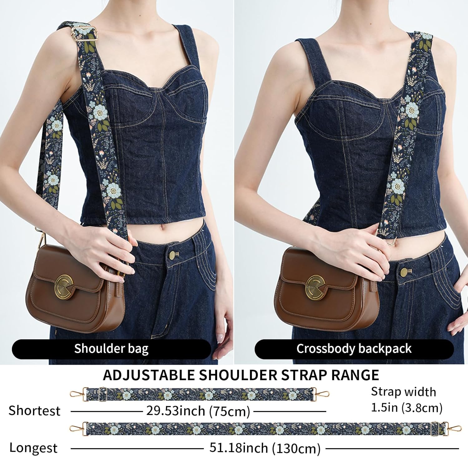 Purse Strap Replacement Crossbody 1.5 Inches Wide, Gold Buckle Guitar Style Shoulder Bag Straps Adjustable for Women Men Handbags Blue Boho Flowers - Image 5