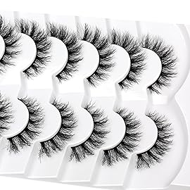 Pooplunch False Eyelashes Pre-Permed Curl Cat Eye Look Wispy Volume Natural Fake Eyelash 8D Faux Mink Strip Lashes 7 Pairs Pack