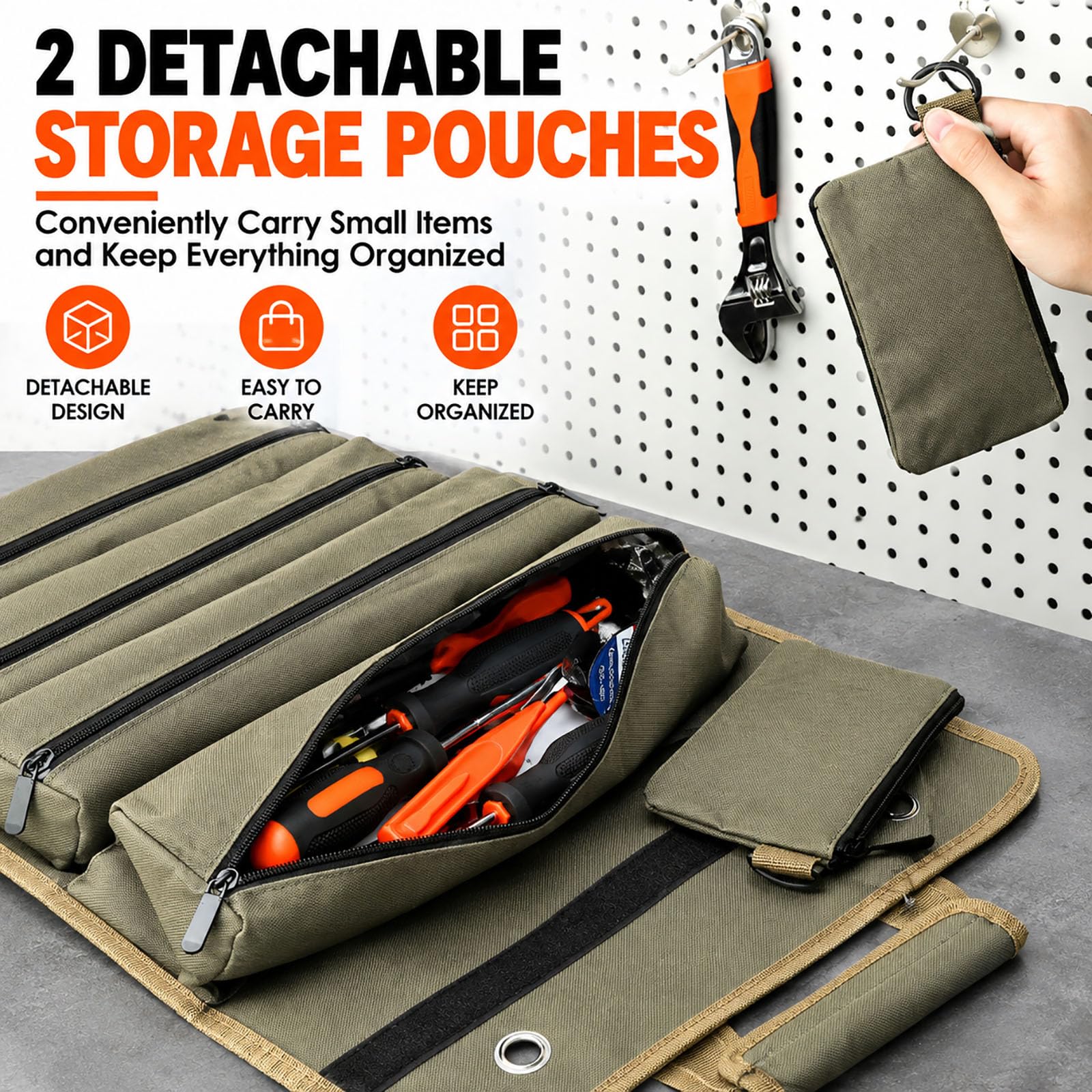 Roll Up Tool Zippered Pockets Wrench Organizer Portable Tool Roll (Khaki)