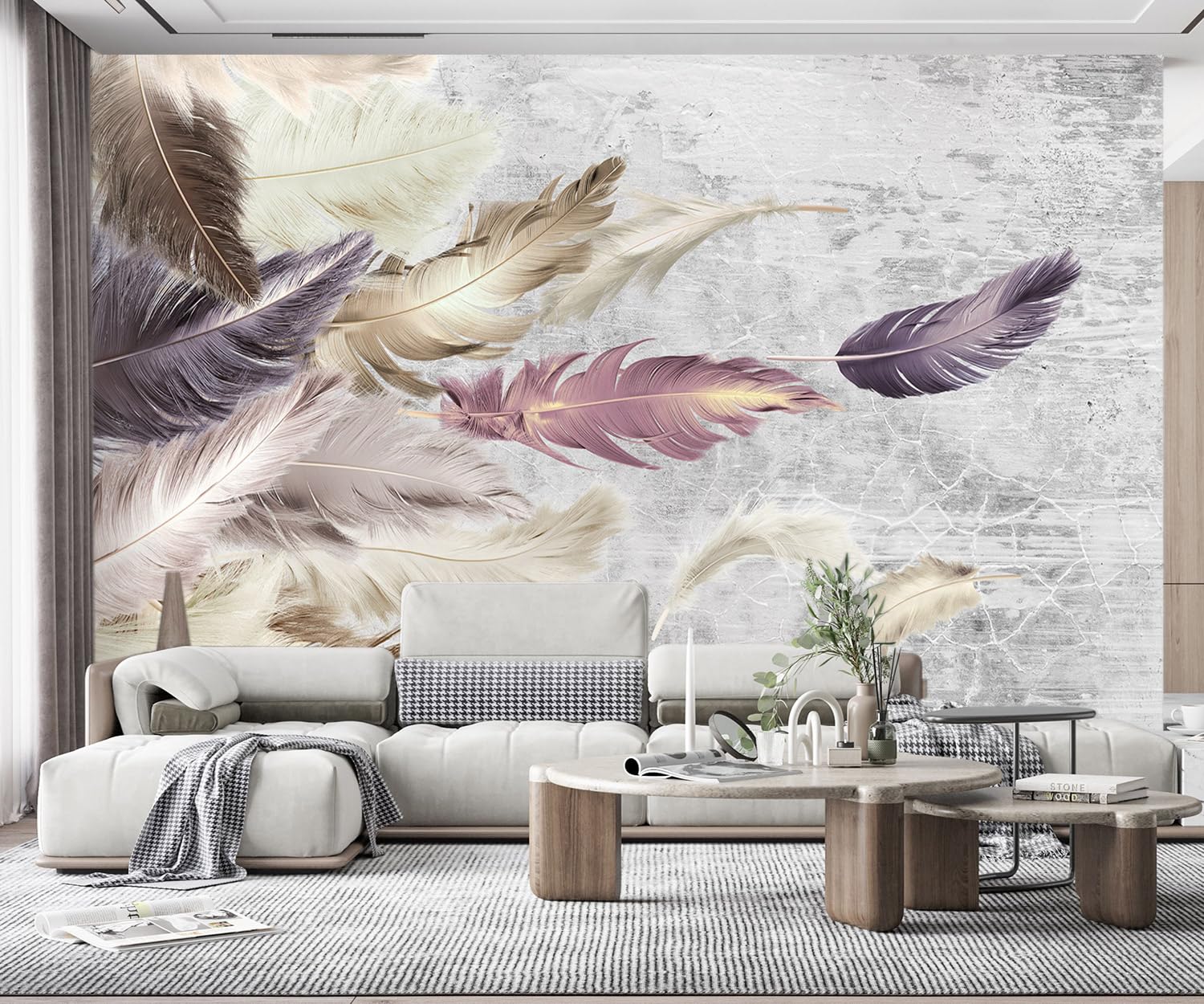 songqians Wallpaper 3D Mural Vintage Feather Watercolor Murals Wallpaper Bedroom and Living Room Decoration -SQ006-200x140cm（Width x Height）