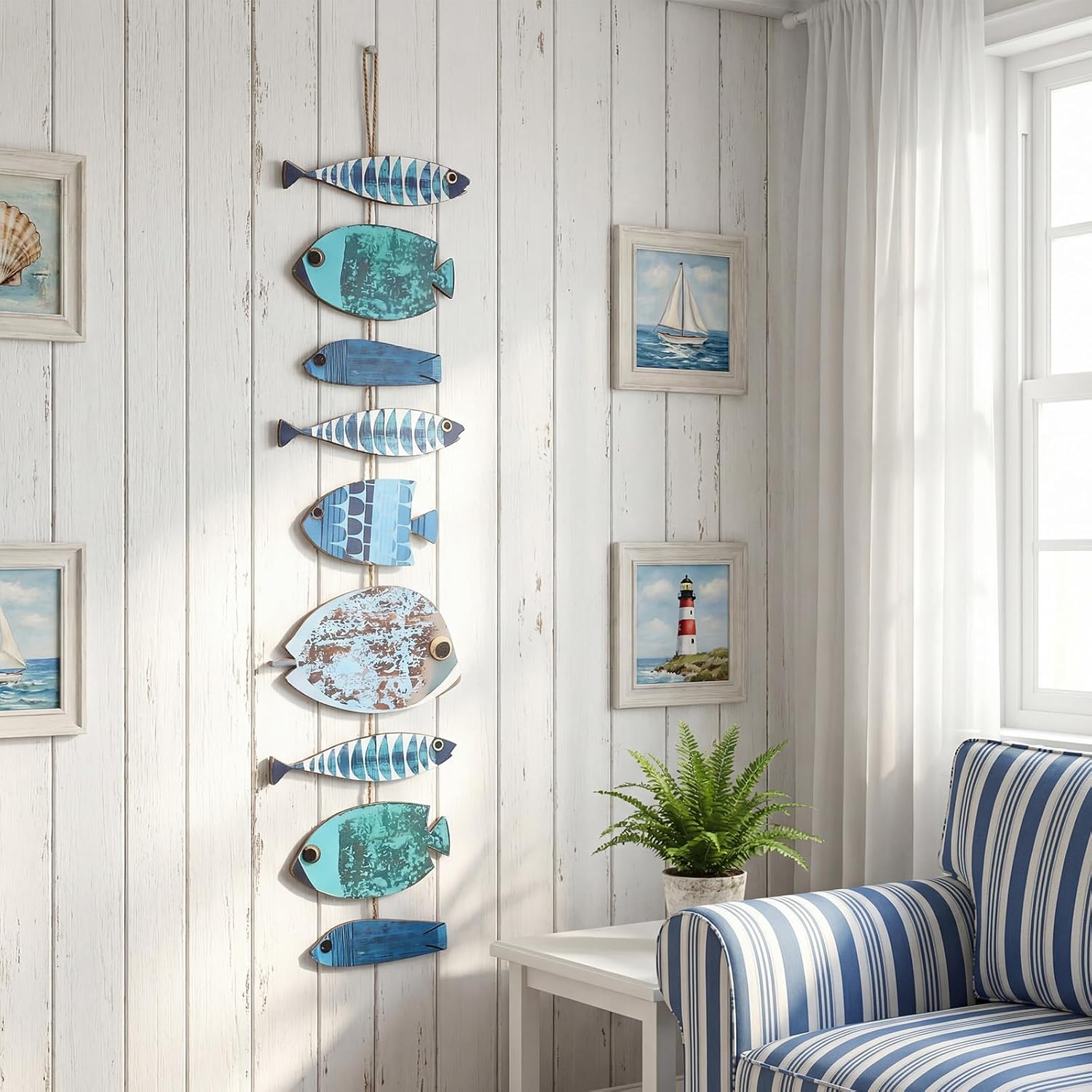 Novabright Wooden Fish Hanging Wall Decor Nautical Rustic Fishing Wood Sculpture Decorations Beach Coastal Theme Farmhouse Hanging Sign for Home Bathroom Bedroom Lake House (Teal Blue,Coastal)