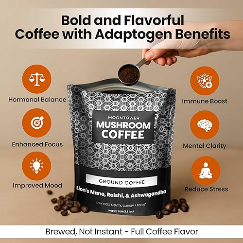 Miniatura 10 de Moontower Adaptogen Coffee - Café de hongos con ashwagandha, melena de león y reishi, mezcla de hongos orgánicos, granos de café molido de tostado