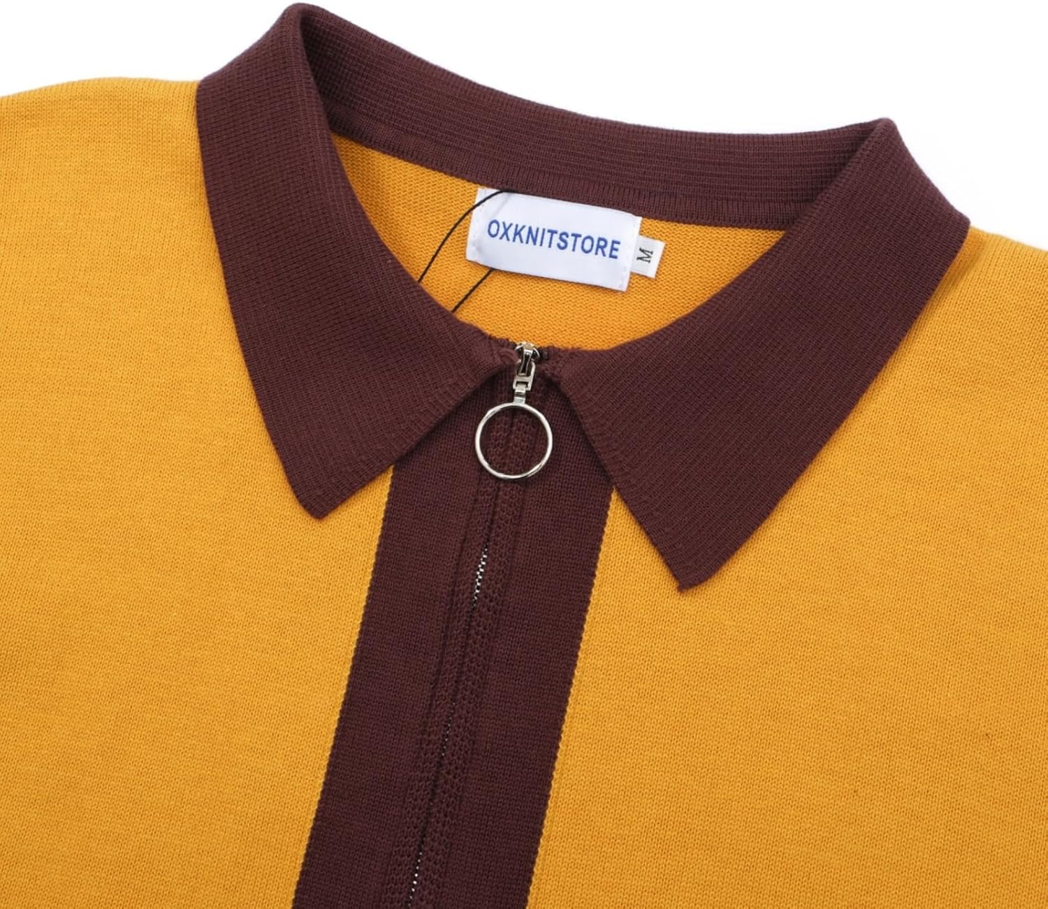 OXKNIT Men's Knit Polo Shirts Full Zip 1960s Style Retro Long Sleeve Cotton Yellow Cardigan Sweater - Image 2