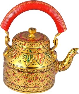 iHandikart Hand Painted Designer Aluminium Kettle for Tea/Coffee, Home D cor& Gift Purpose. Capacity 1 L, Size 8.5"x5.5"x8.5"(IHK5089)