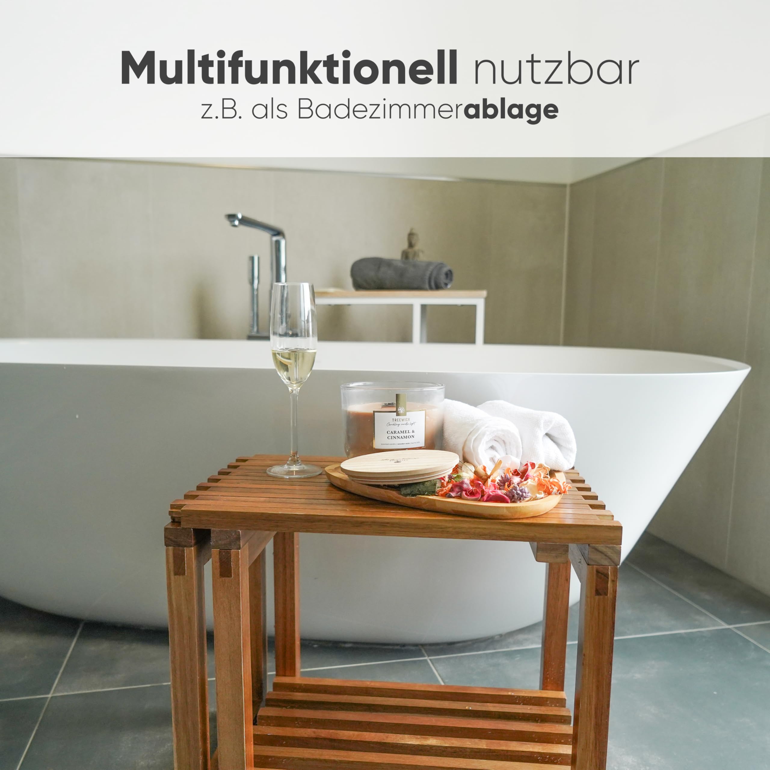 SVADA ausziehbarer Duschhocker aus Akazienholz - Duschbank Akazie mit Ablage - multifunktionale Saunabank - Hocker & Beistelltisch aus Holz für Badezimmer - Dusche - Balkon - Garten - outdoor - indoor