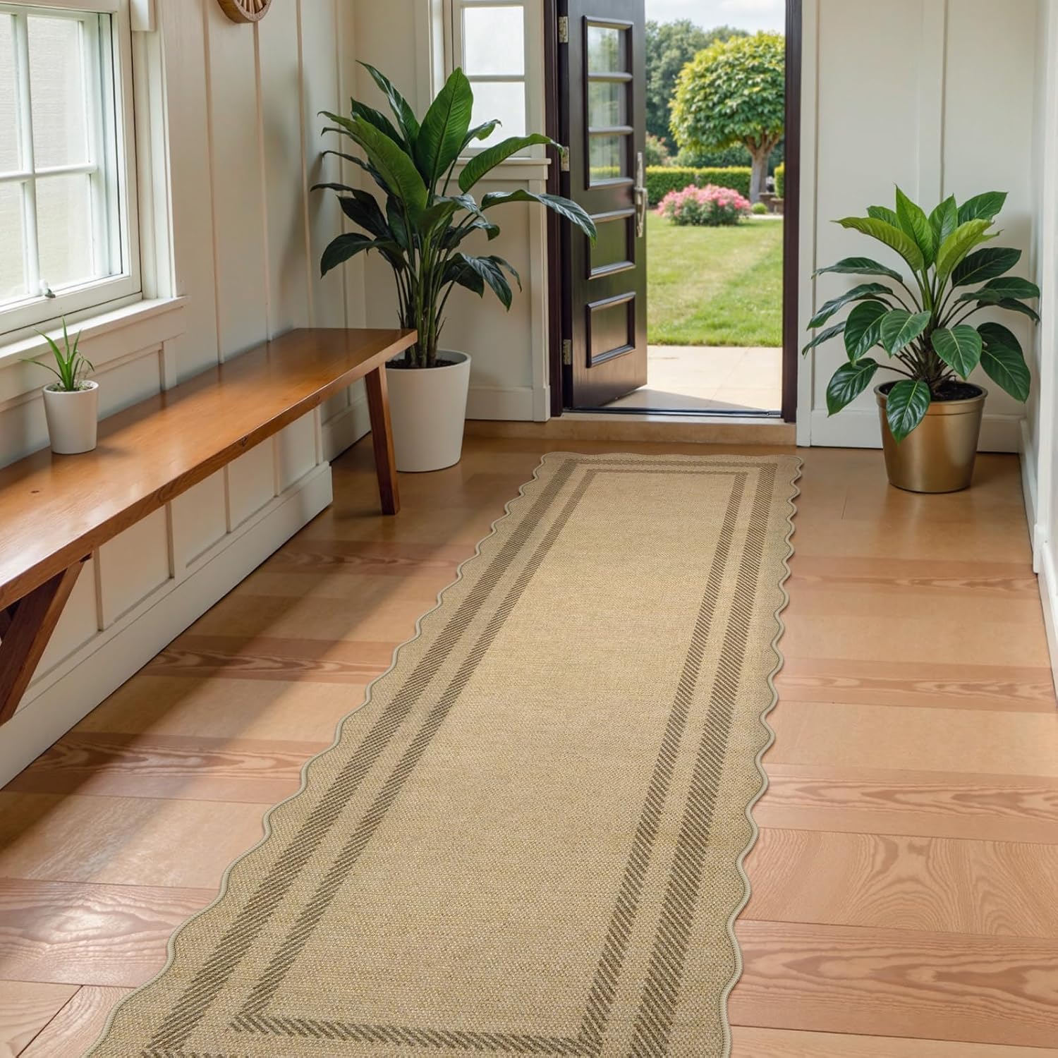 LIVEBOX Scalloped Washable 2x8 Kitchen Runner Rug, Easy Jute Geometric Tan Rugs for Hallway Runner Entryway, Indoor Outdoor Non Slip Rug Farmhouse Modern Carpet Door Mat for Porch Laundry Room