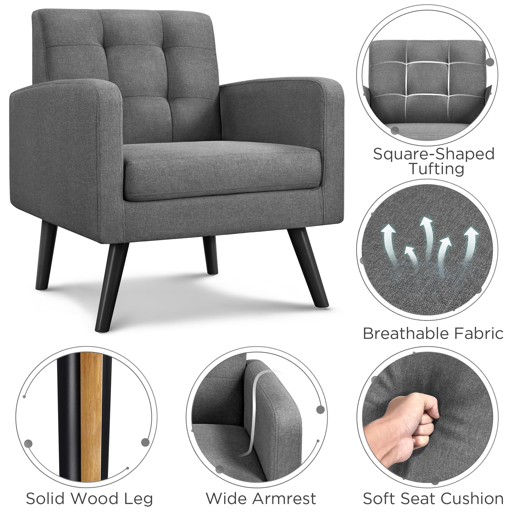 Yaheetech Ohrensessel Sessel mit Armlehnen, Lounge-Sessel Relaxsessel mit getufteter Rückenlehne, Modern Sessel bis136 KG belastbar, für Wohnzimmer, Schlafzimmer, bis136 KG belastbar, Grau