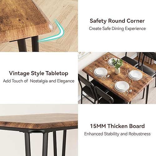Miniatura 6 de Mesa de comedor de cocina y sillas tapizadas para 4, mesa rectangular de madera para 4 asientos, juego de comedor industrial de 5 piezas para